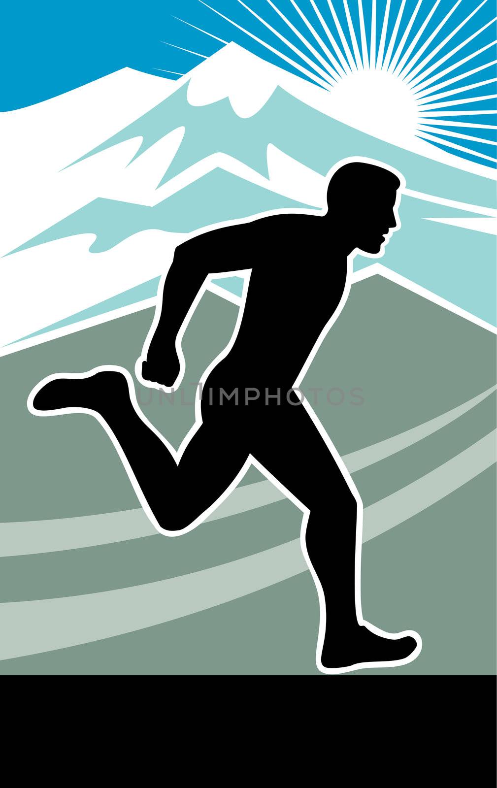 illustration of a Marathon runner silhouette side vew with mountains and sunburst in background done in retro style
