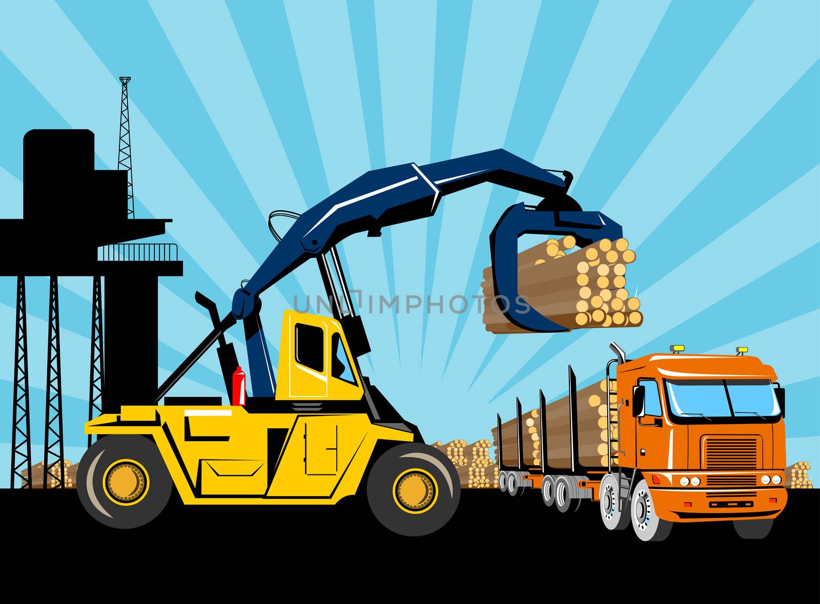 Forklift hoist crane load timber logging truck by patrimonio