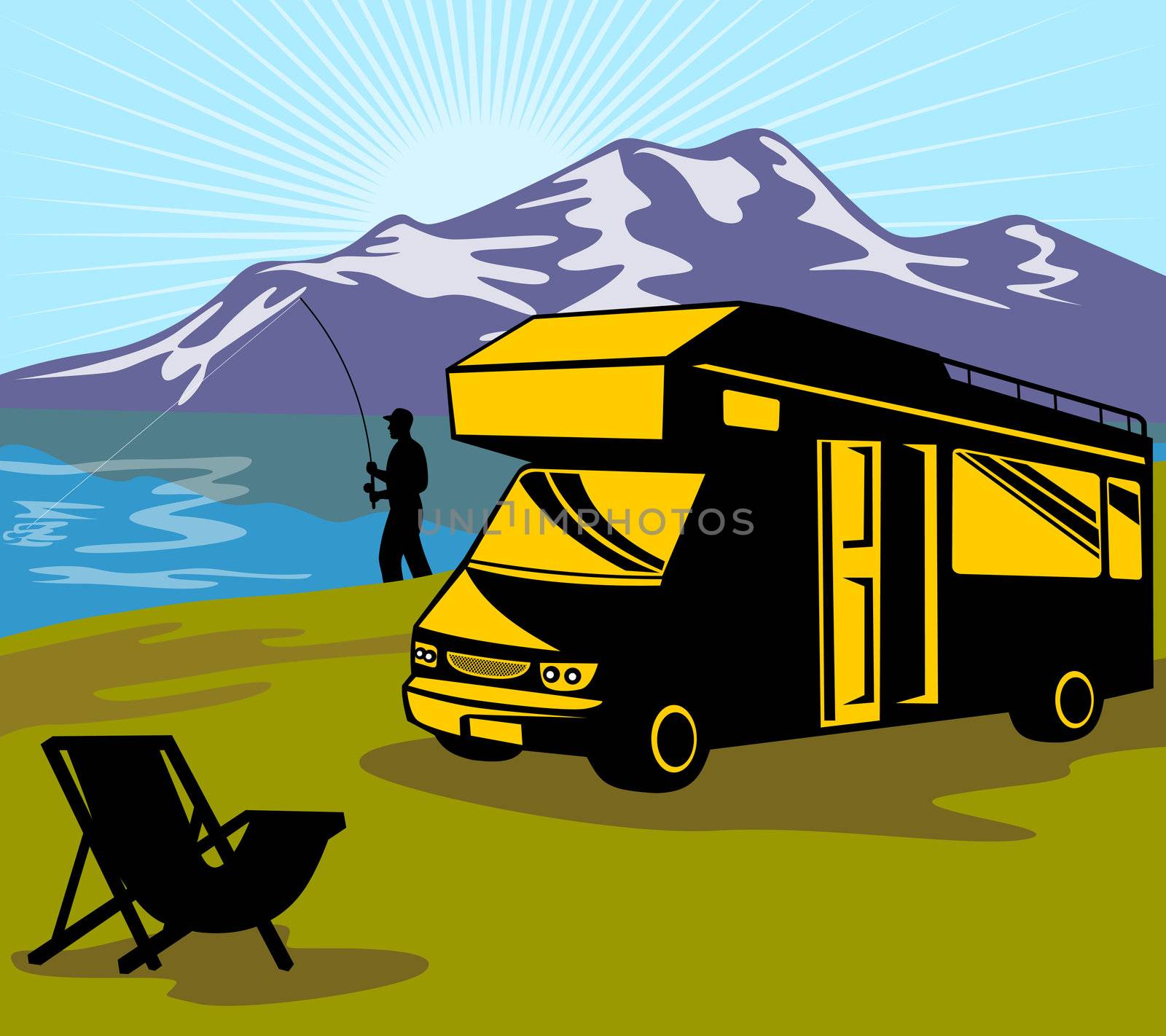 illustration of a Fly fisherman fishing with fly rod and reel with lake and mountains and sunburst in background and folding chair and camper van in the foreground done in retro style