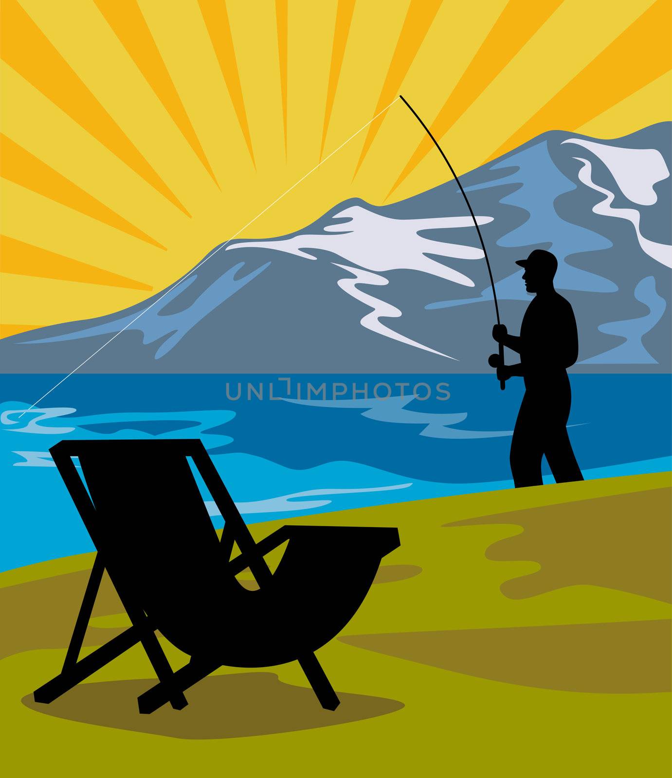 illustration of a Fly fisherman fishing with fly rod and reel with lake and mountains and sunburst in background and folding chair in the foreground done in retro style
