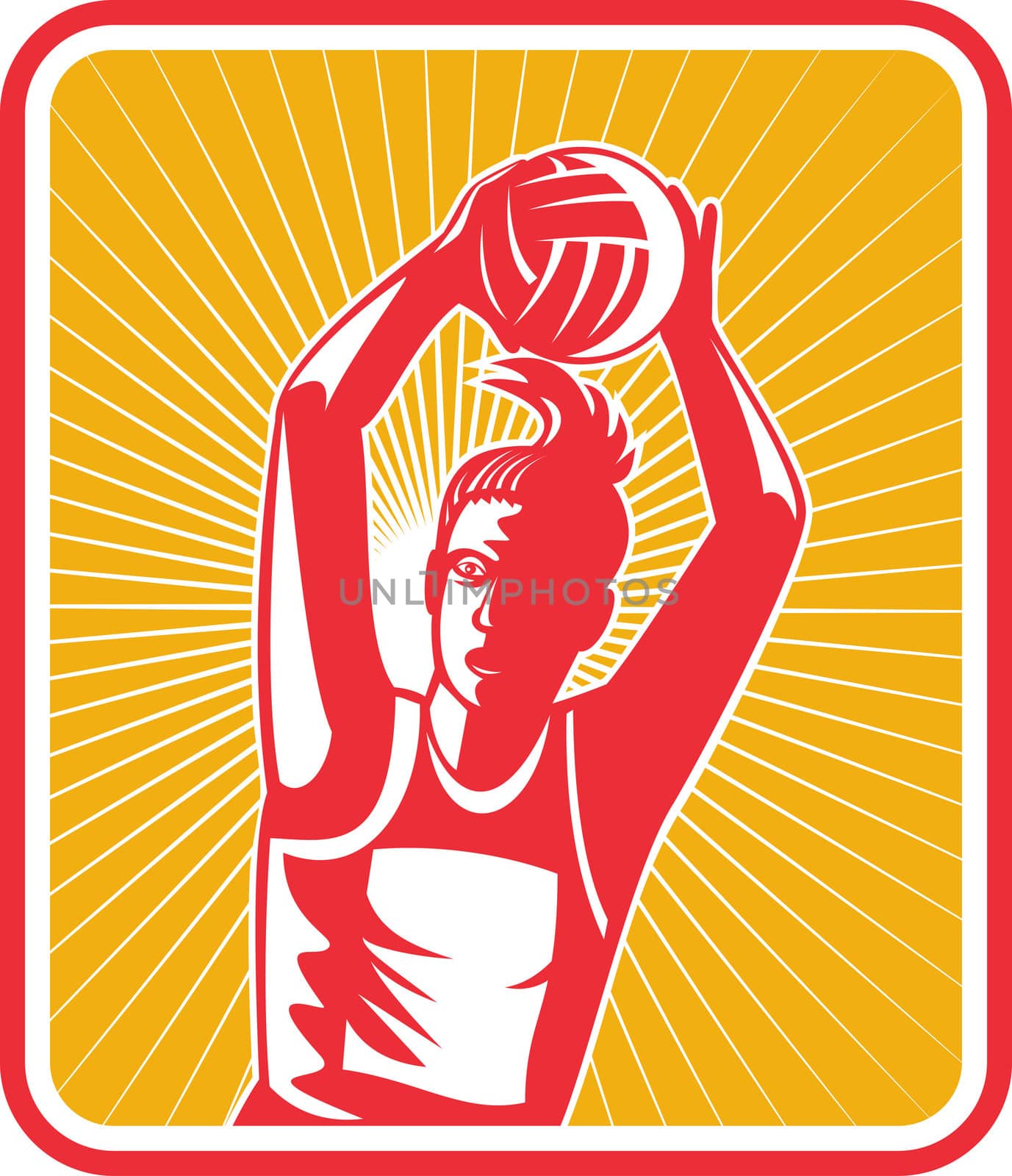  illustration of a netball player ready to pass ball with shield or triangle in the background