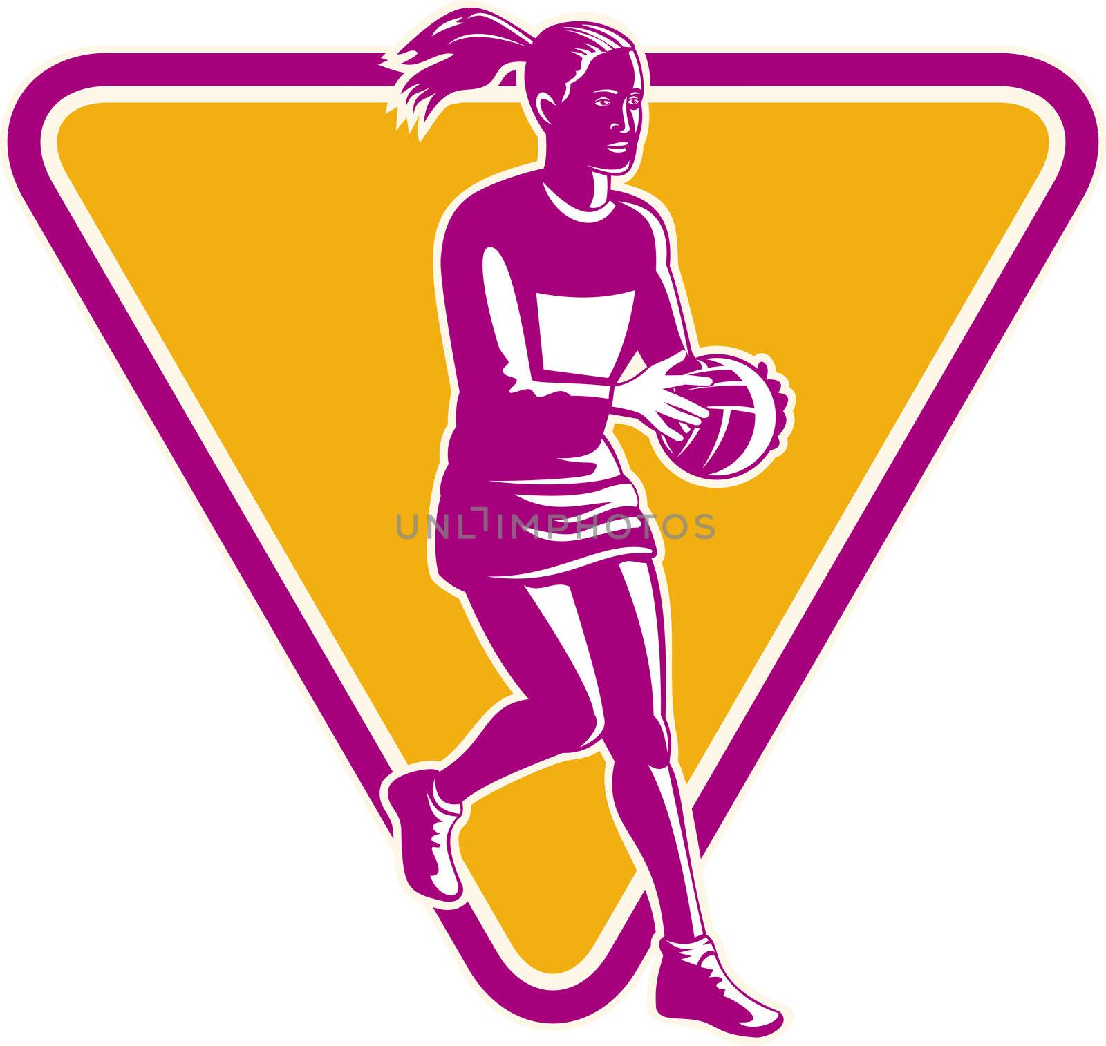  illustration of a netball player ready to pass ball with shield or triangle in the background
