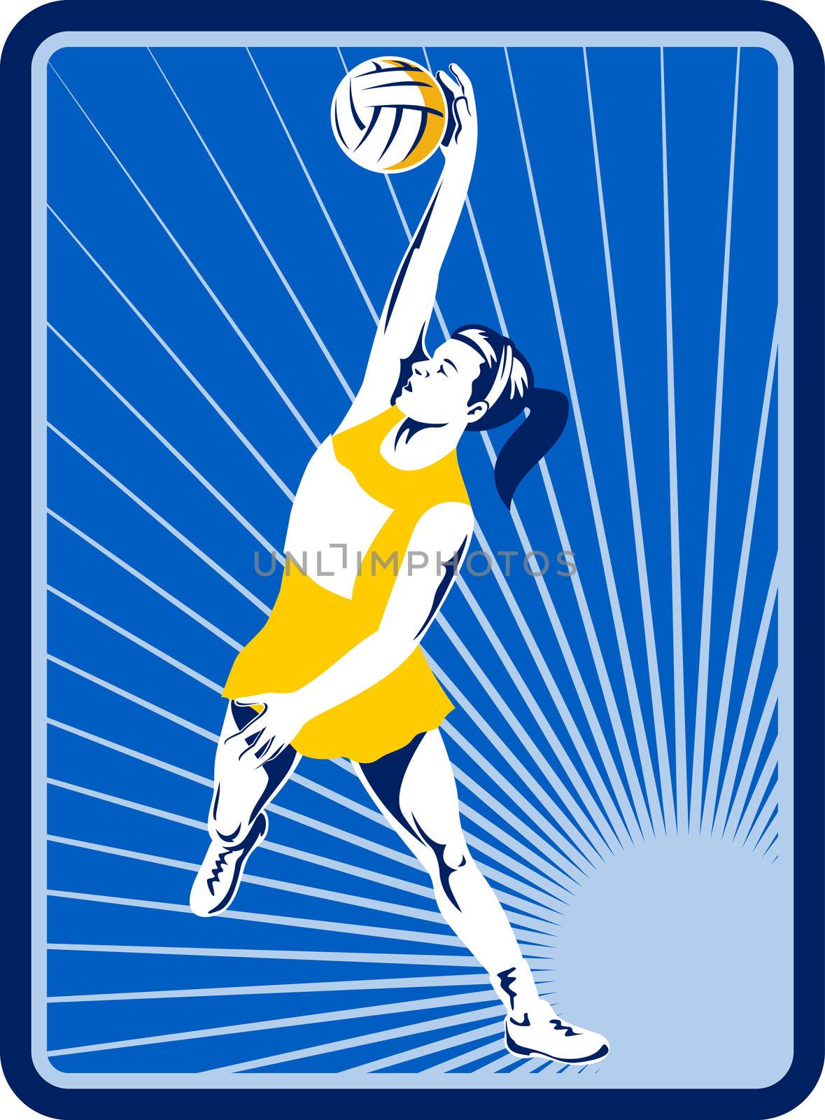 illustration of a Netball player rebounding jumping for ball with sunburst in background