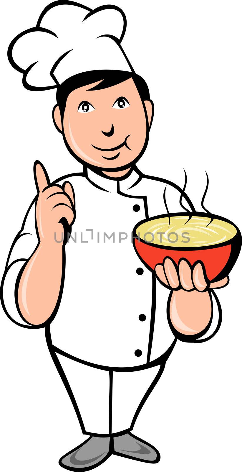  illustration of a Cartoon Chef cook with bowl of soup with hand extended saying number one.