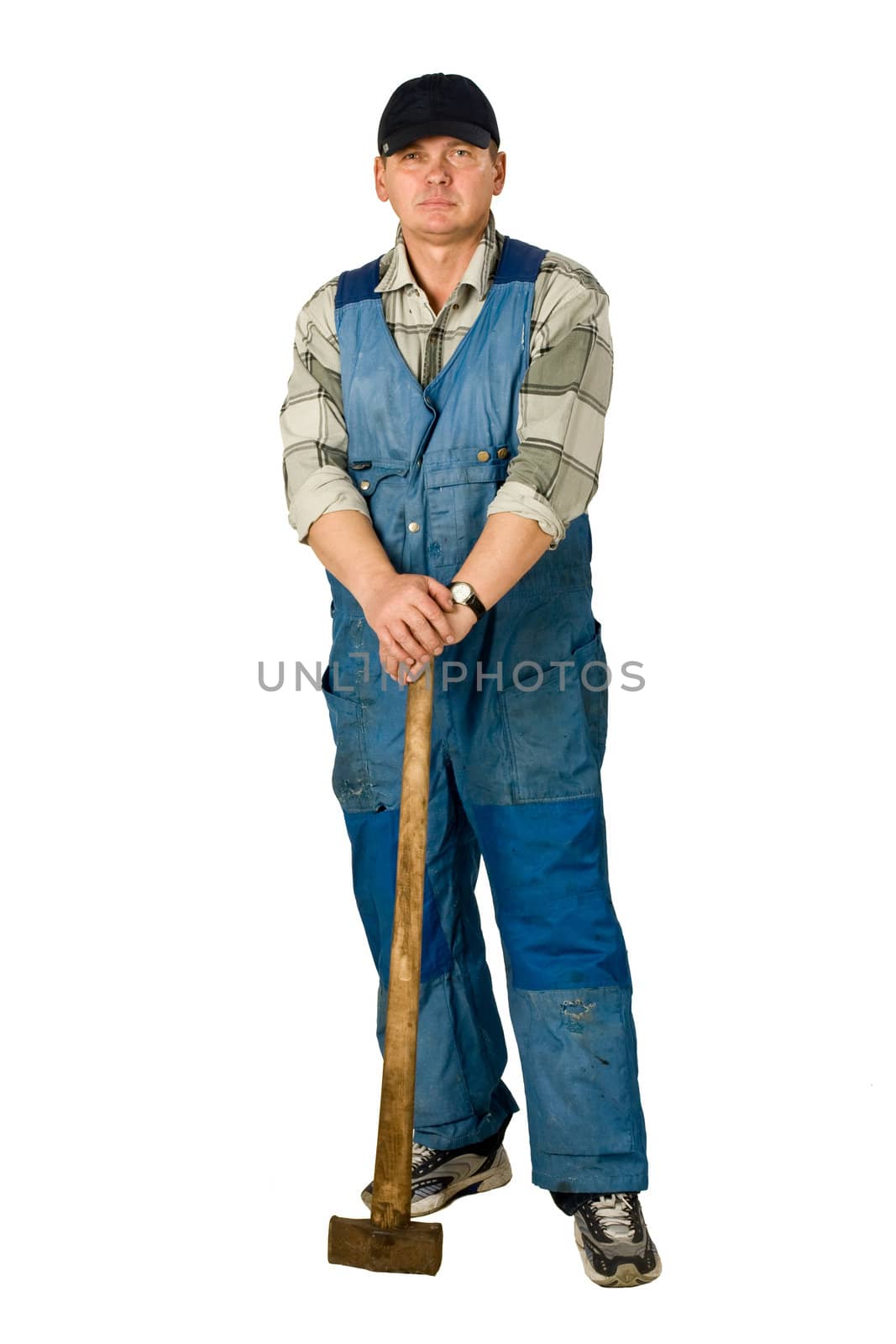 portrait of workman with sledge hammer ove4r white