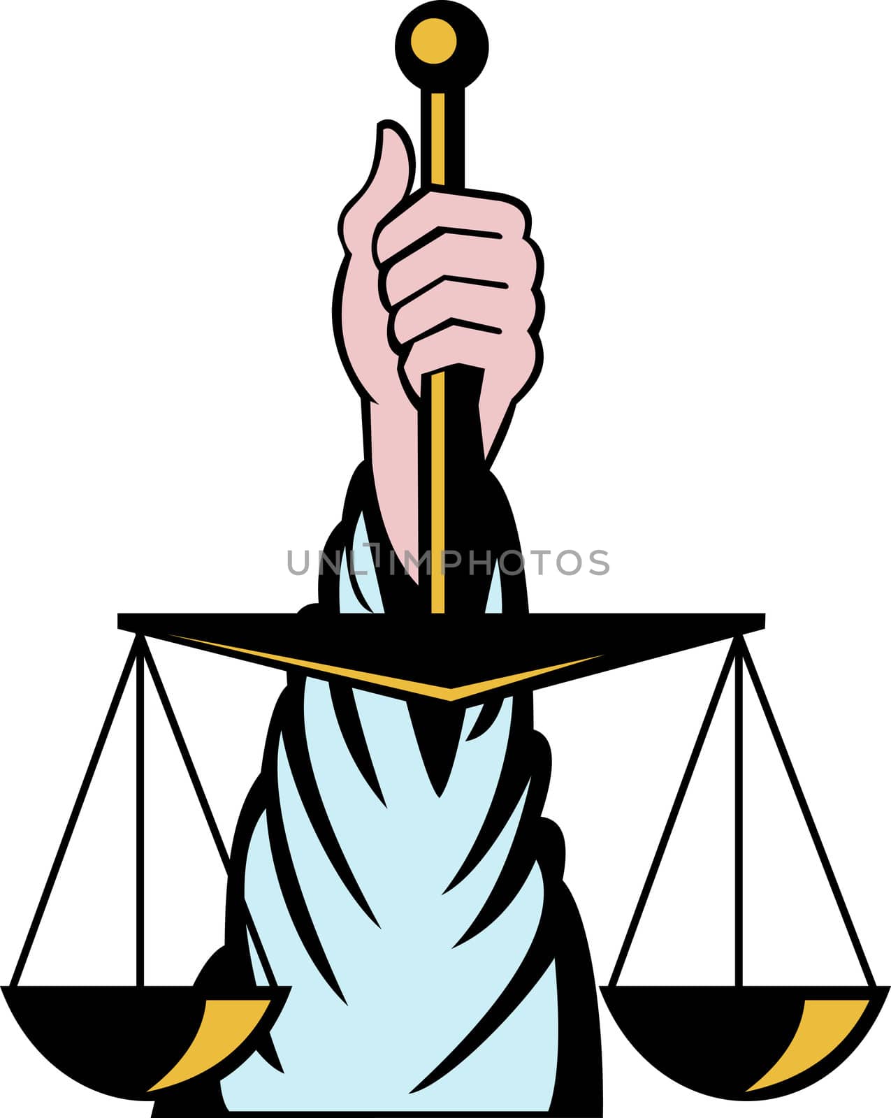 illustration of a Hand holding scales of justice isolated on white