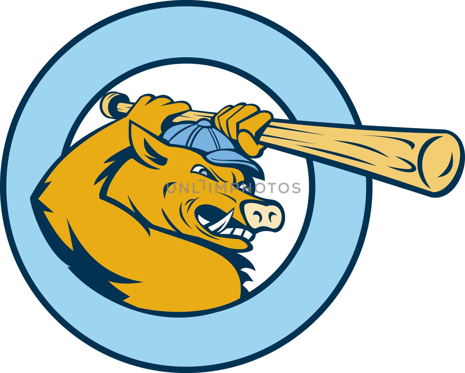 illustration of a Cartoon Razorback or wild pig swinging a  baseball bat enclosed in a circle