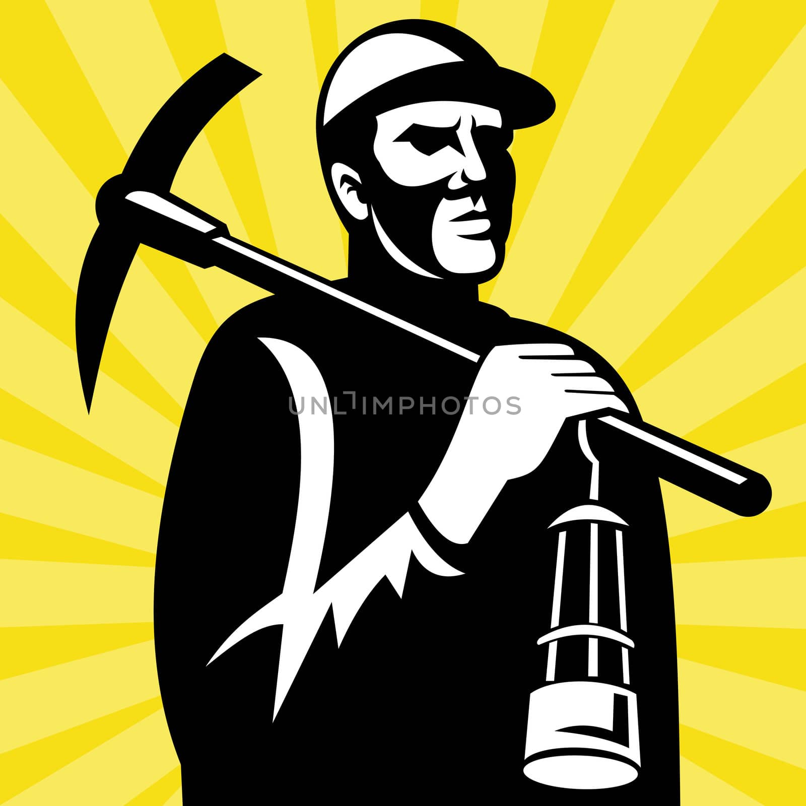 illustration of a Coal miner with pickax and lamp viewed from a low angle done in retro woodcut style.