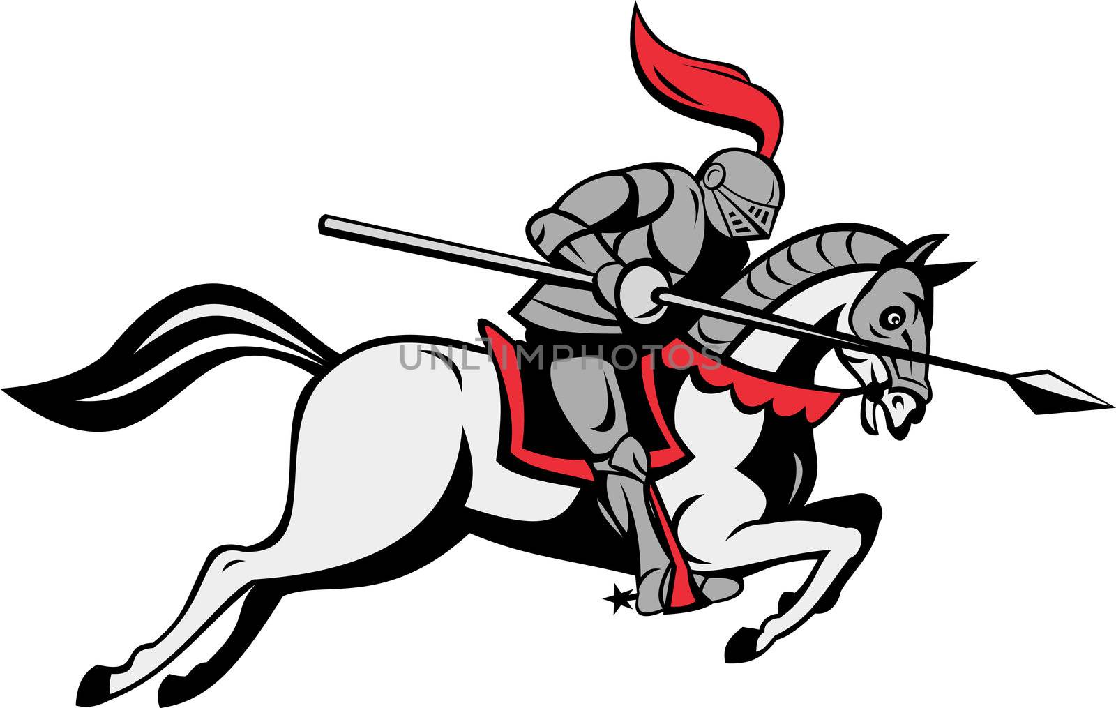 illustration of knight with lance riding horse isolated on white