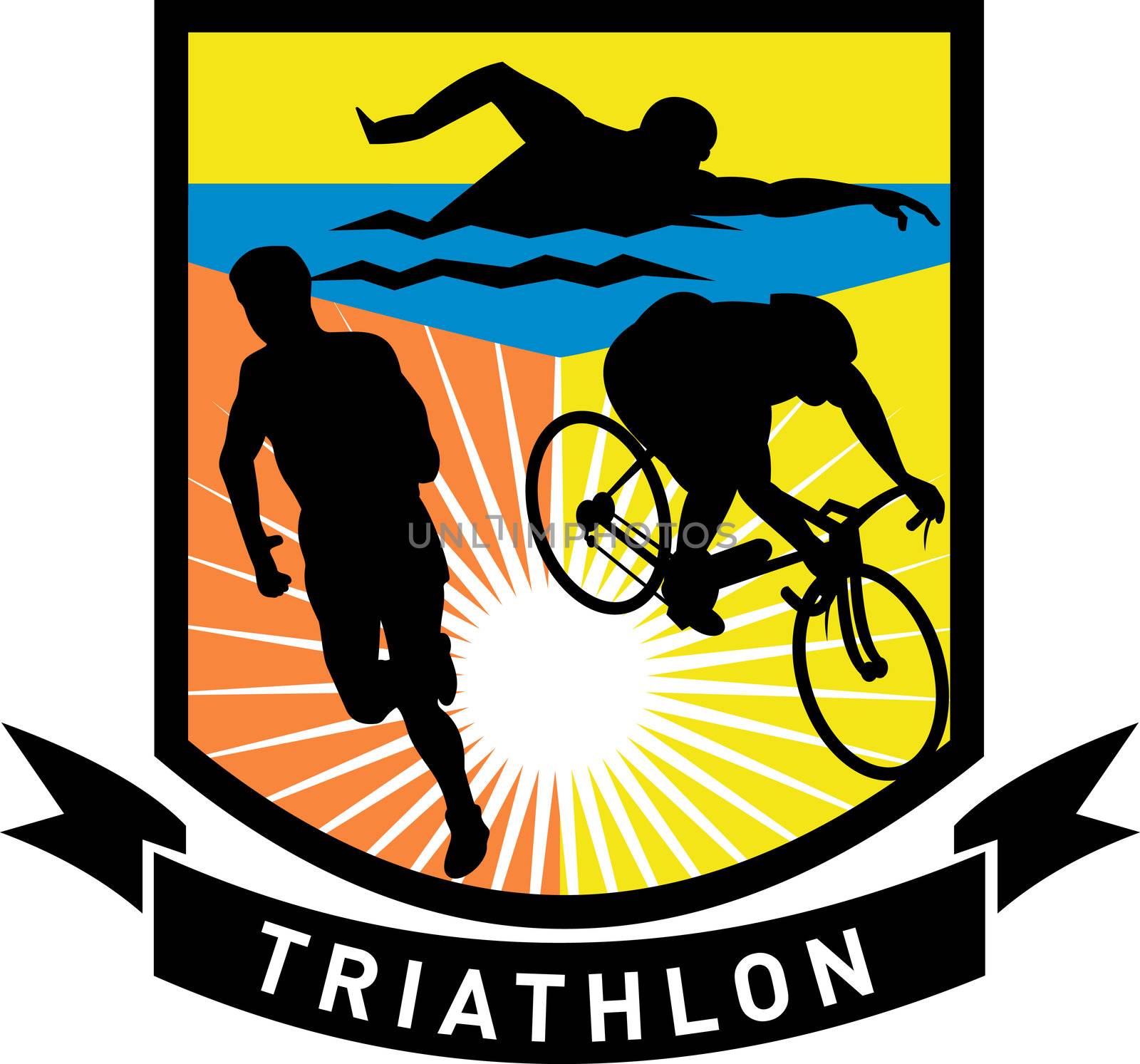 illustration showing the sport of triathlon with triathlete athlete swimming, biking or cycling and running