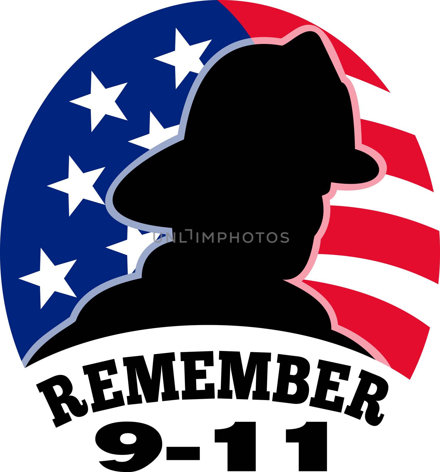 illustration of a fireman firefighter silhouette with American stars and stripes flag in background and words "Remember 9-11"