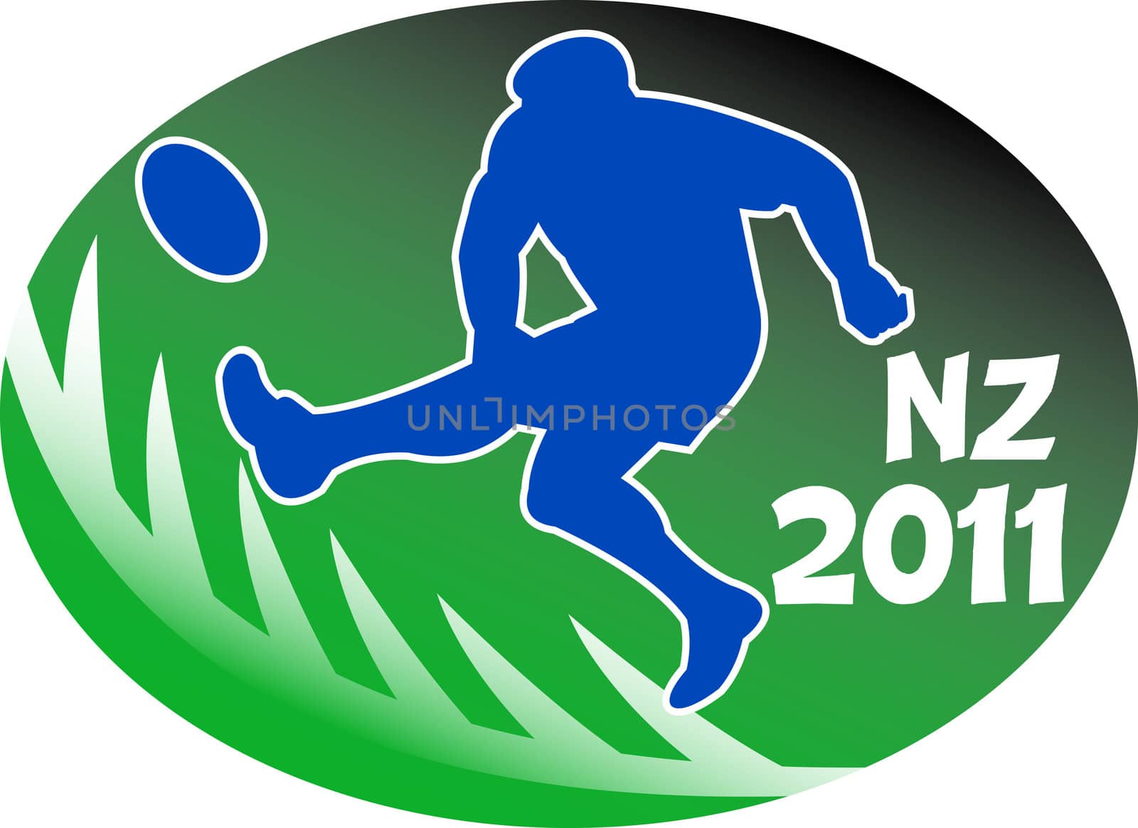 illustration of a rugby player kicking the ball side view set inside oval or ball with fern silhouette and words NZ 2011