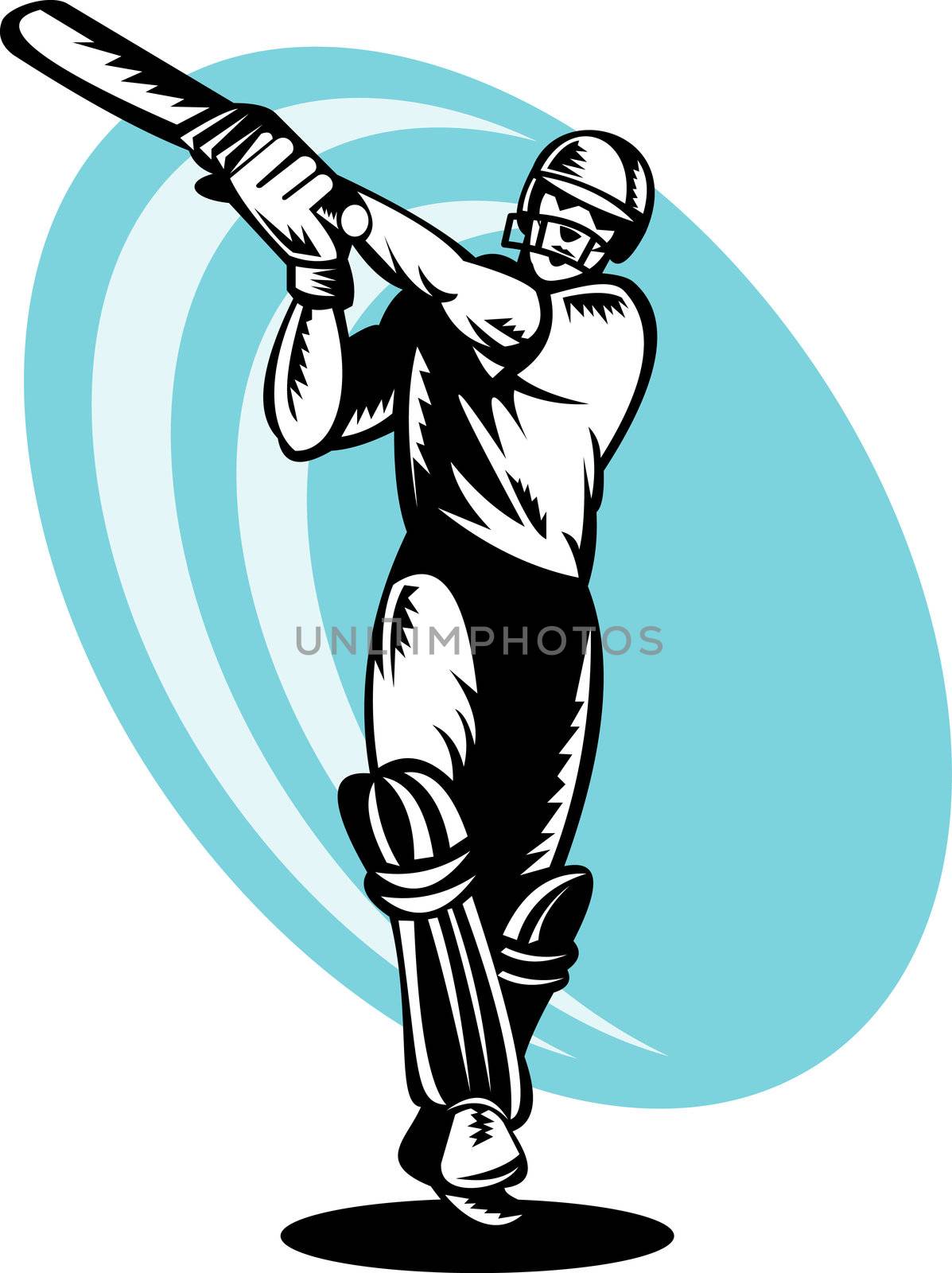 illustration of a cricket batsman batting front view done in retor woodcut style