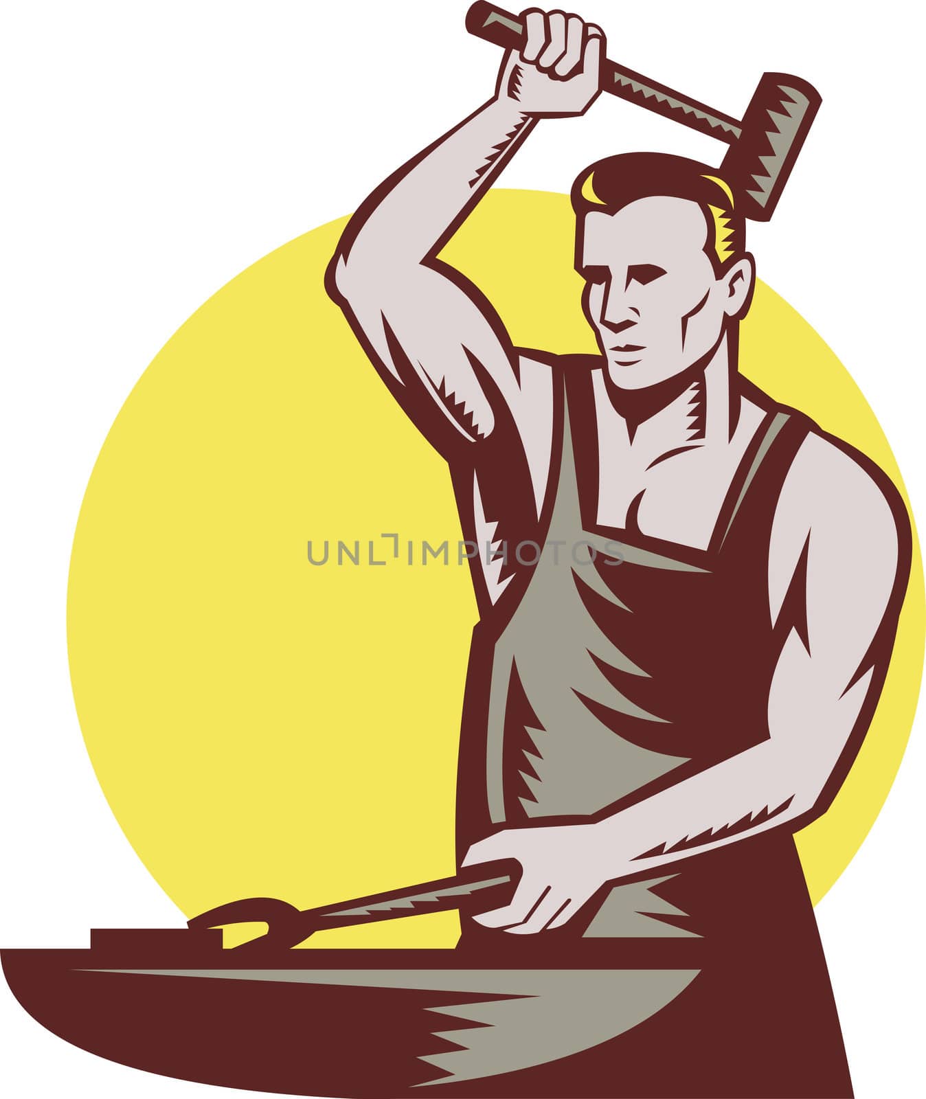 retro style illustration of a male worker or blacksmith striking hammer and anvil with sunburst