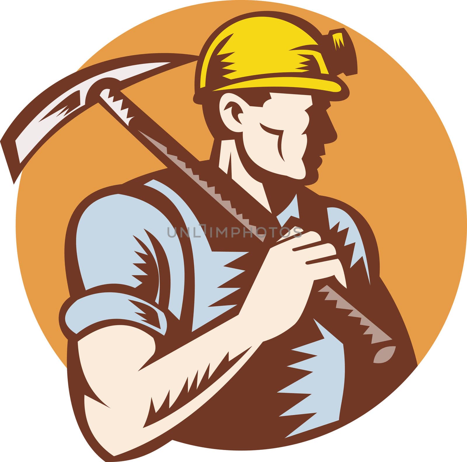 illustration of a Coal miner at work with pick ax done in retro woodcut style