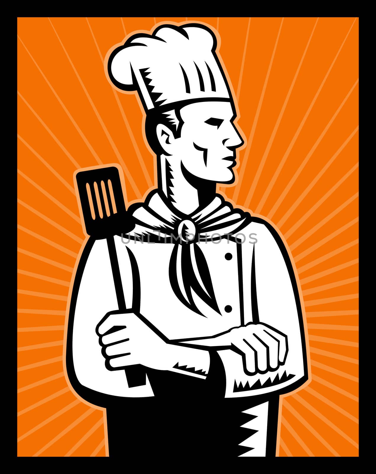 Retro chef cook holding spatula looking up by patrimonio