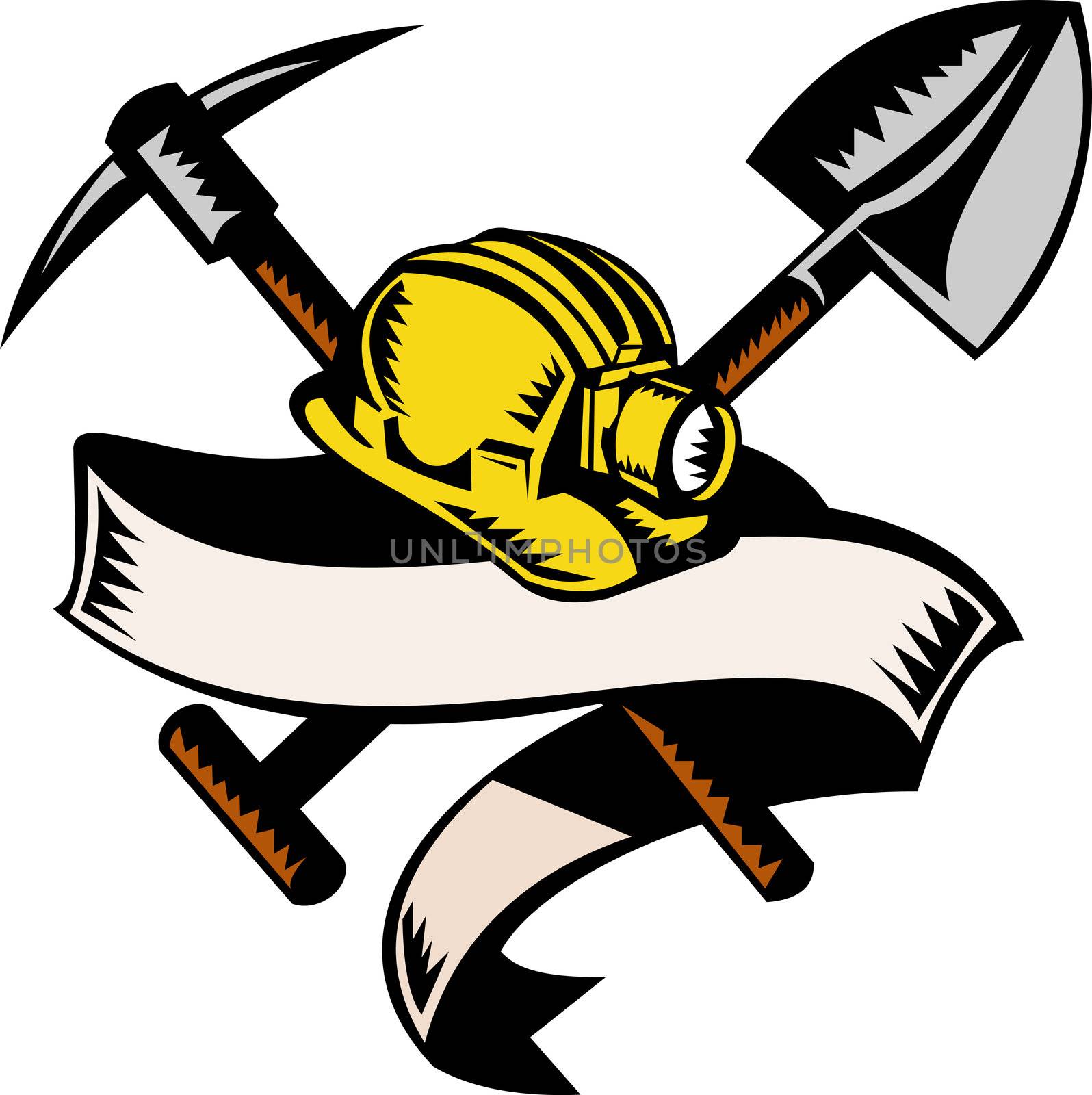 illustration of a coal miner hardhat hat ,shovel or spade and pickax with scroll isolated on white done in retro woodcut style