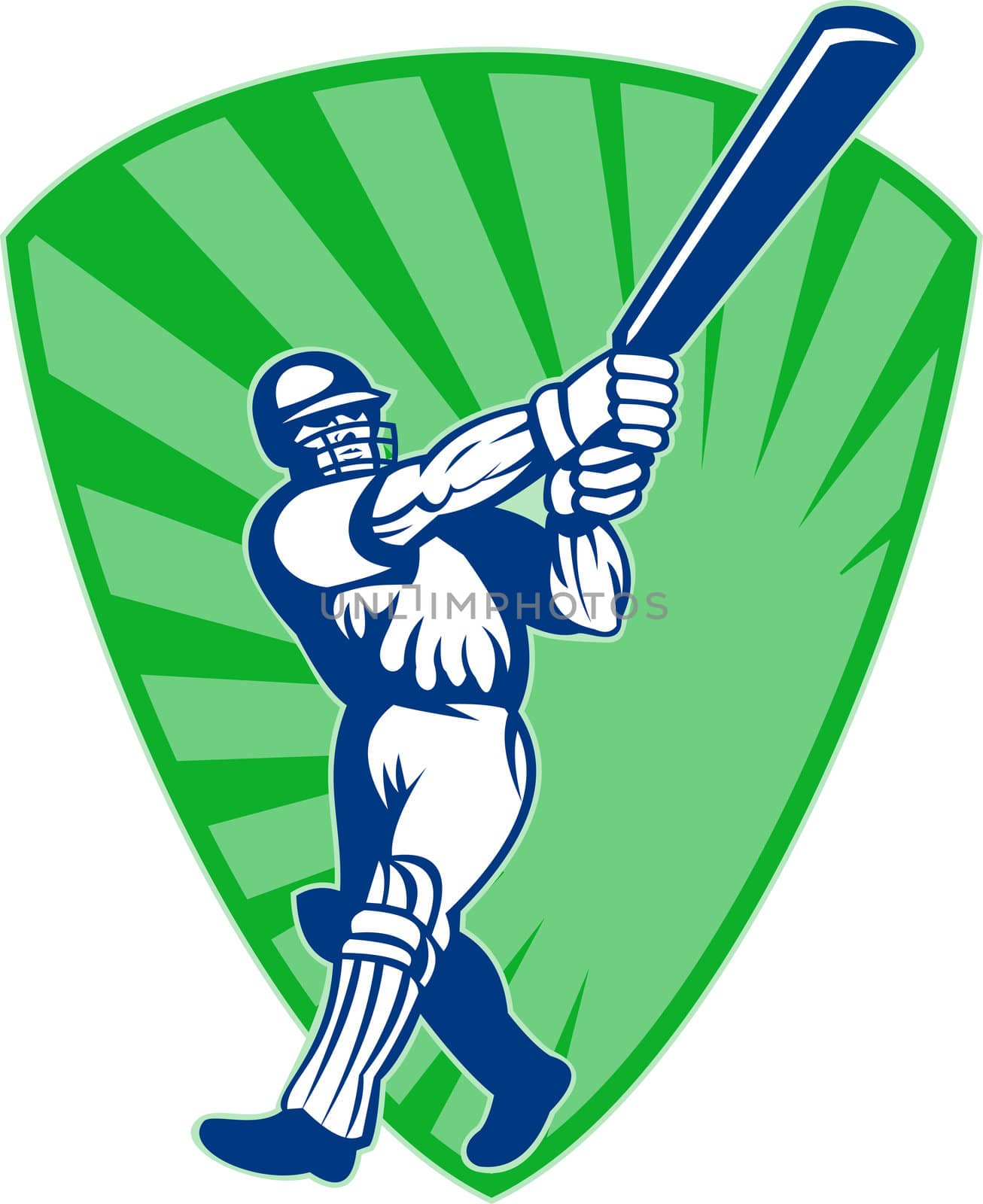 illustration of a cricket batsman silhouette batting front view  with shield in background