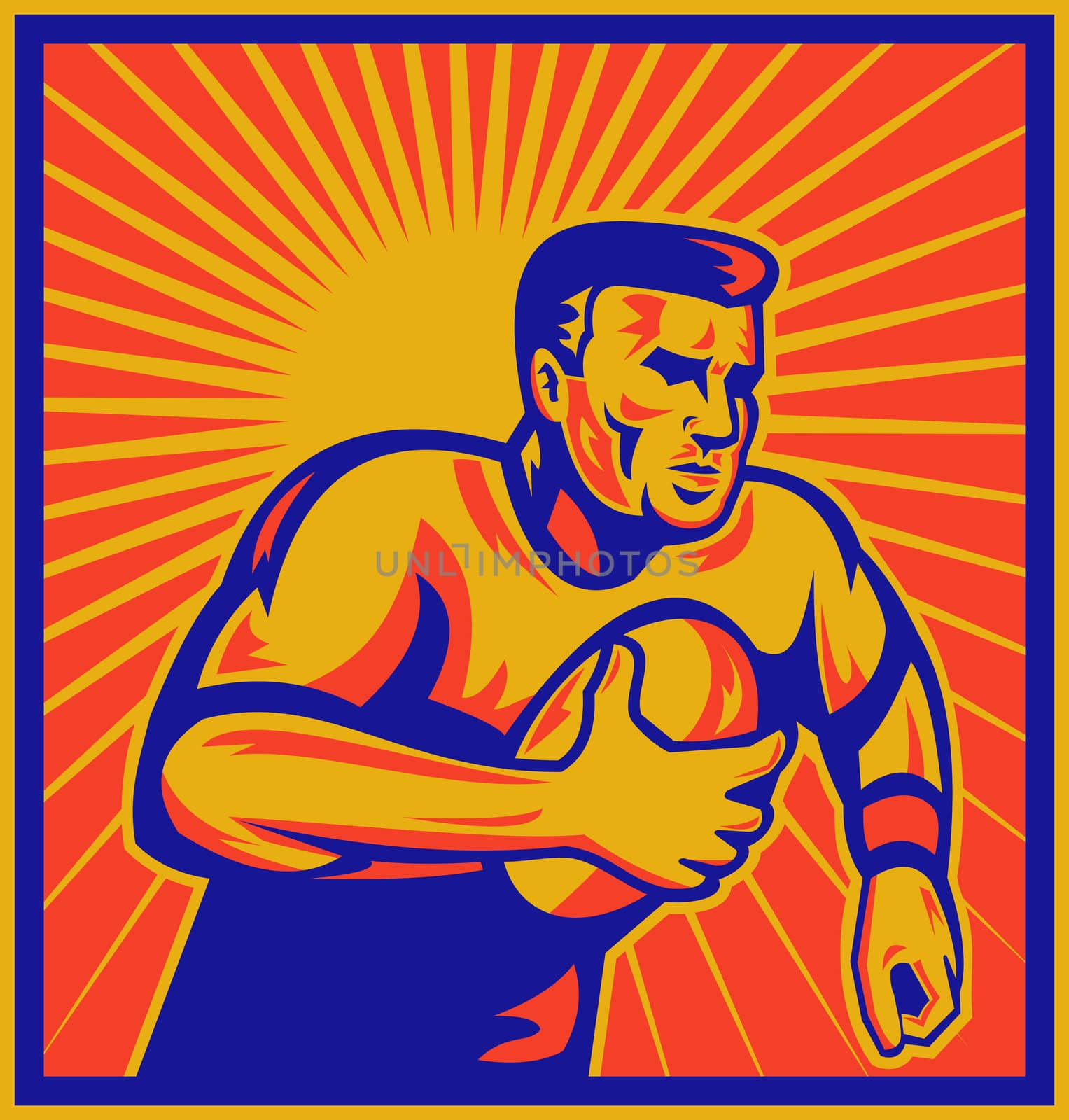 illustration of a rugby player running with ball with sunburst in background done in retro woodcut style