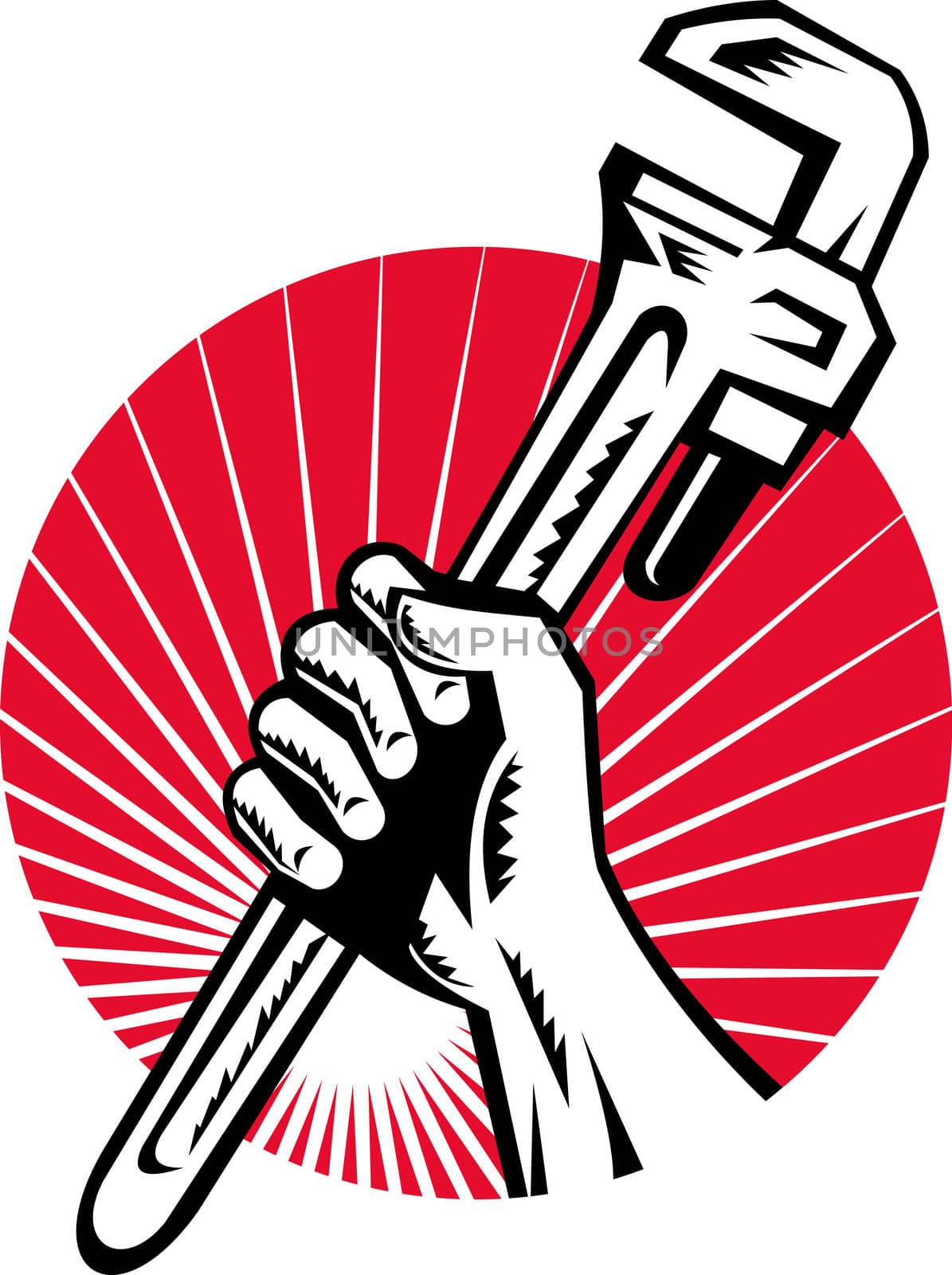 illustration of a Plumber hand holding monkey wrench side view set inside circle with sunburst done in retro style