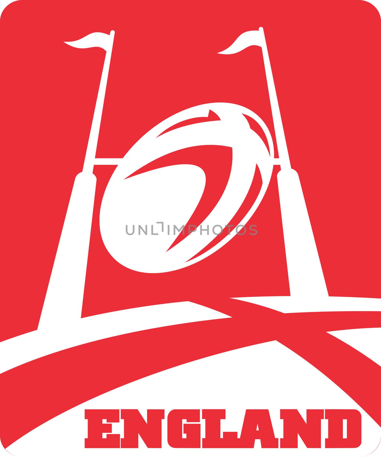 illustration of a rugby ball flying over goal post with words England