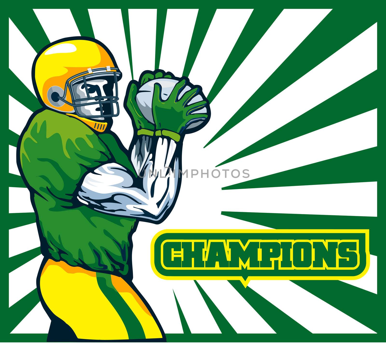 Illustration of an American football player quarterback about to throw winning pass with words "champions"