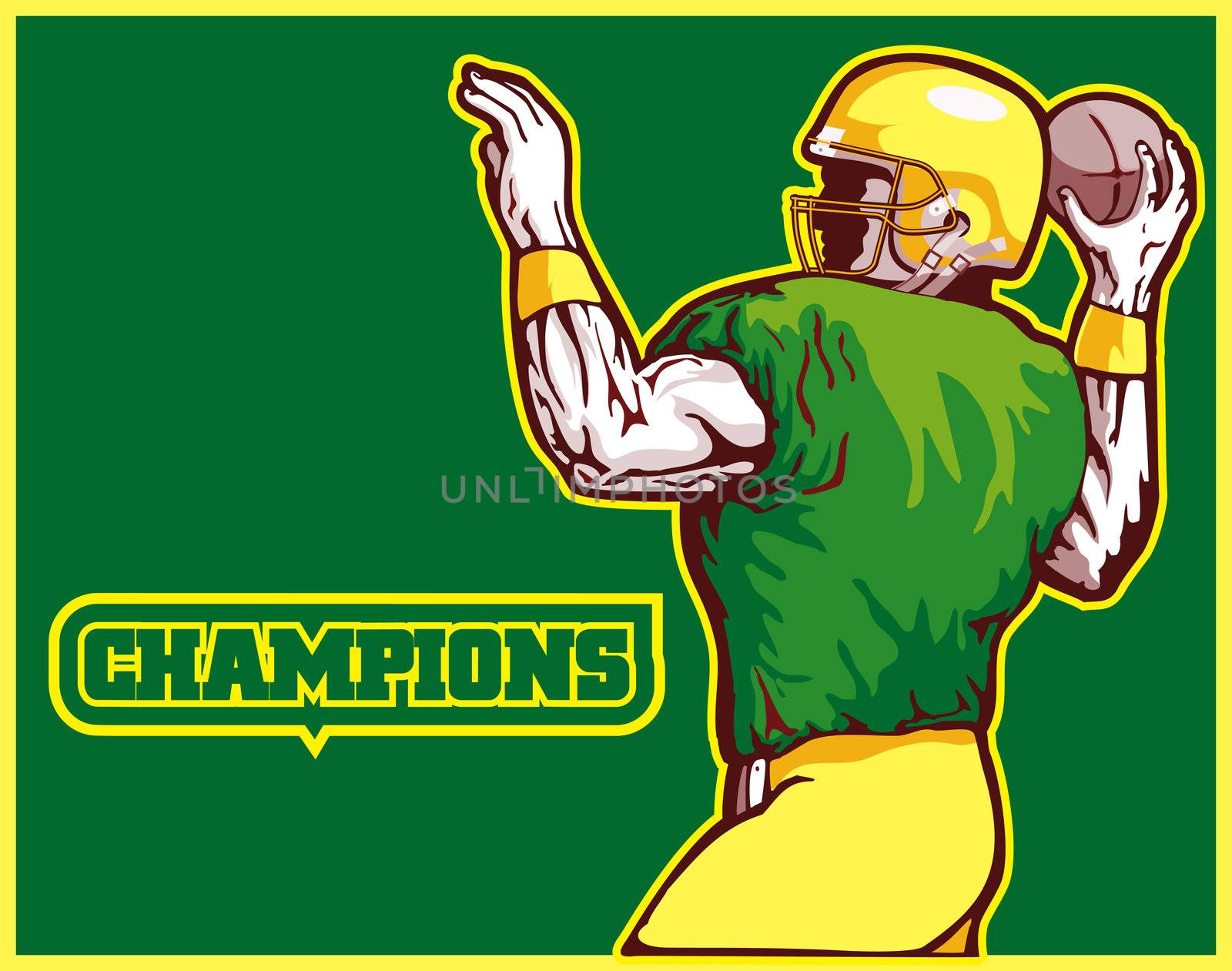 Illustration of an American football player quarterback about to throw winning pass with words "champions"