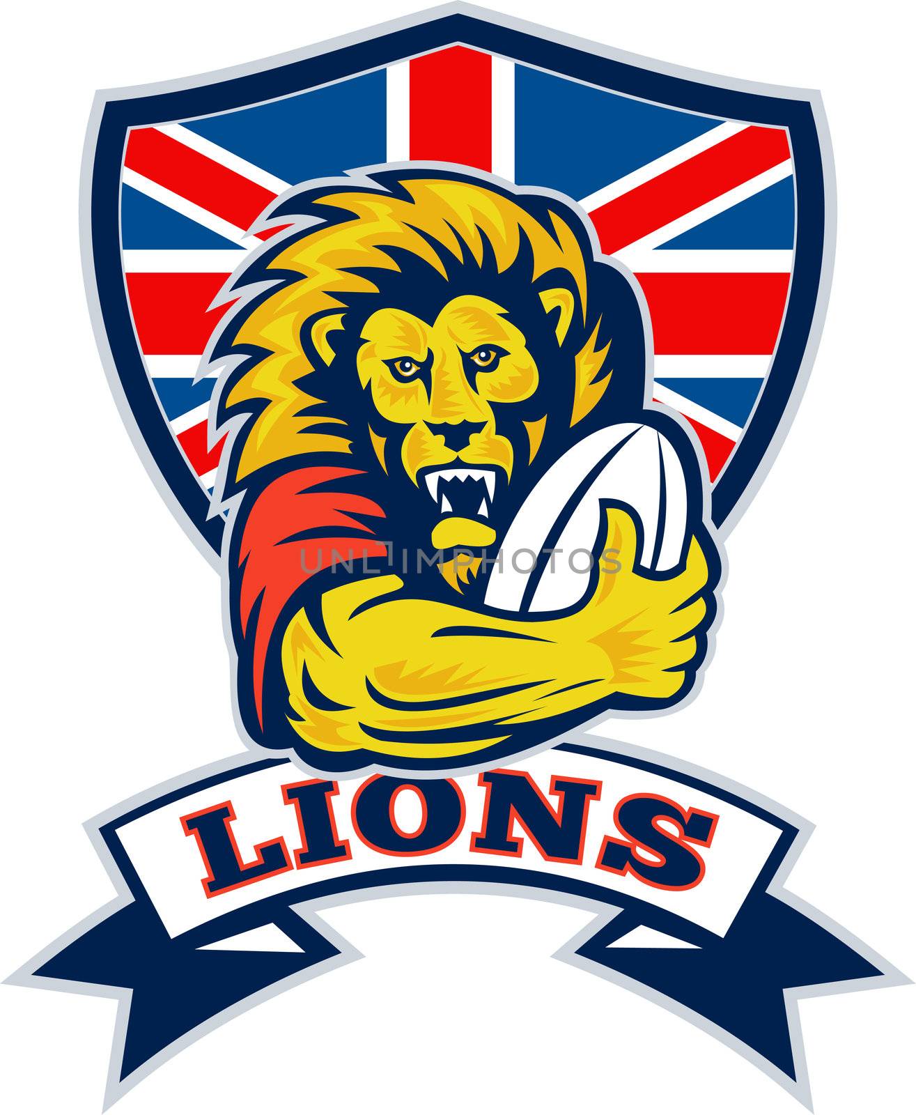 Lion playing rugby with ball Union Jack shield by patrimonio