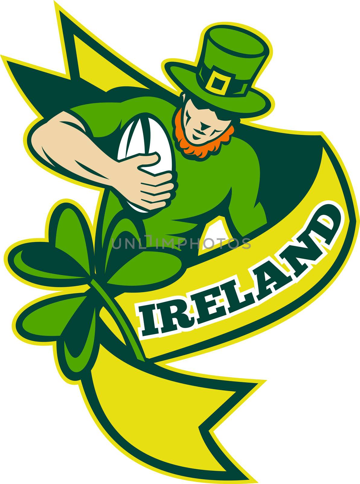 illustration of an Irish rugby player running with ball wearing leprechaun hat with shamrock or clover leaf and scroll with words "Ireland"