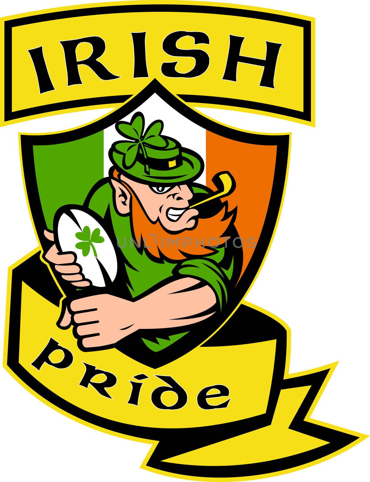 illustration of an Irish leprechaun or rugby player running with ball wearing hat with shamrock or clover leaf  and shield flag of Ireland and words "Irish Pride"