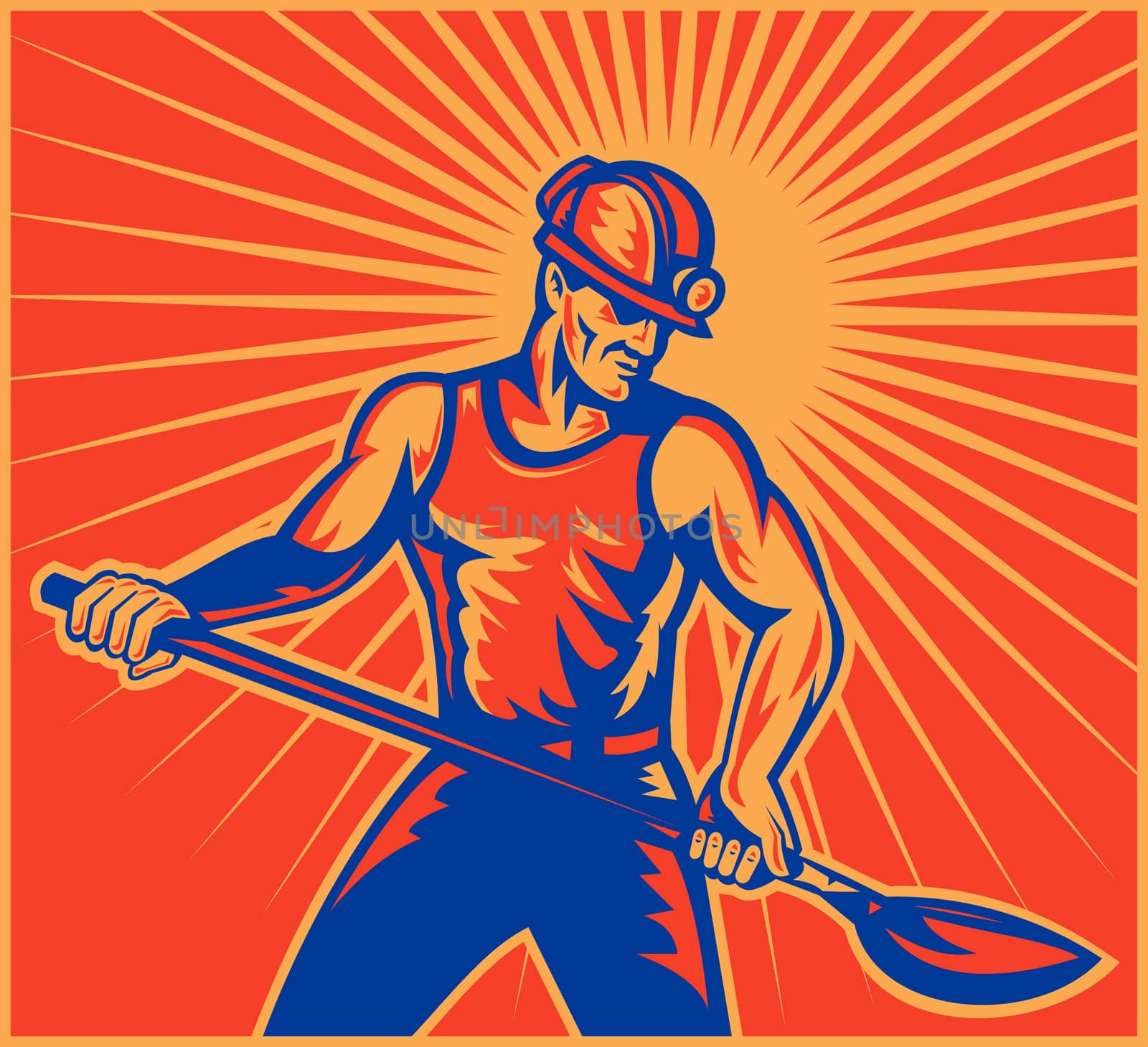 illustration of a Coal miner worker at work with spade shovel front view  done in retro woodcut style with sunburst in background