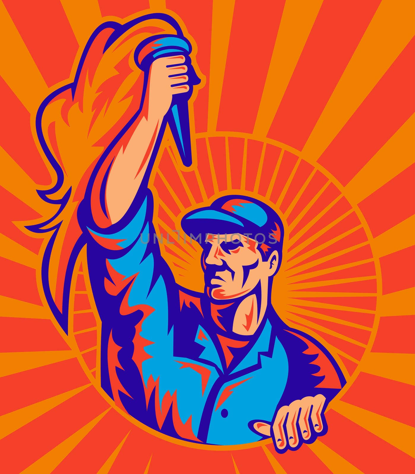 illustration of a male worker carrying flaming torch with sunburst in background done in retro style