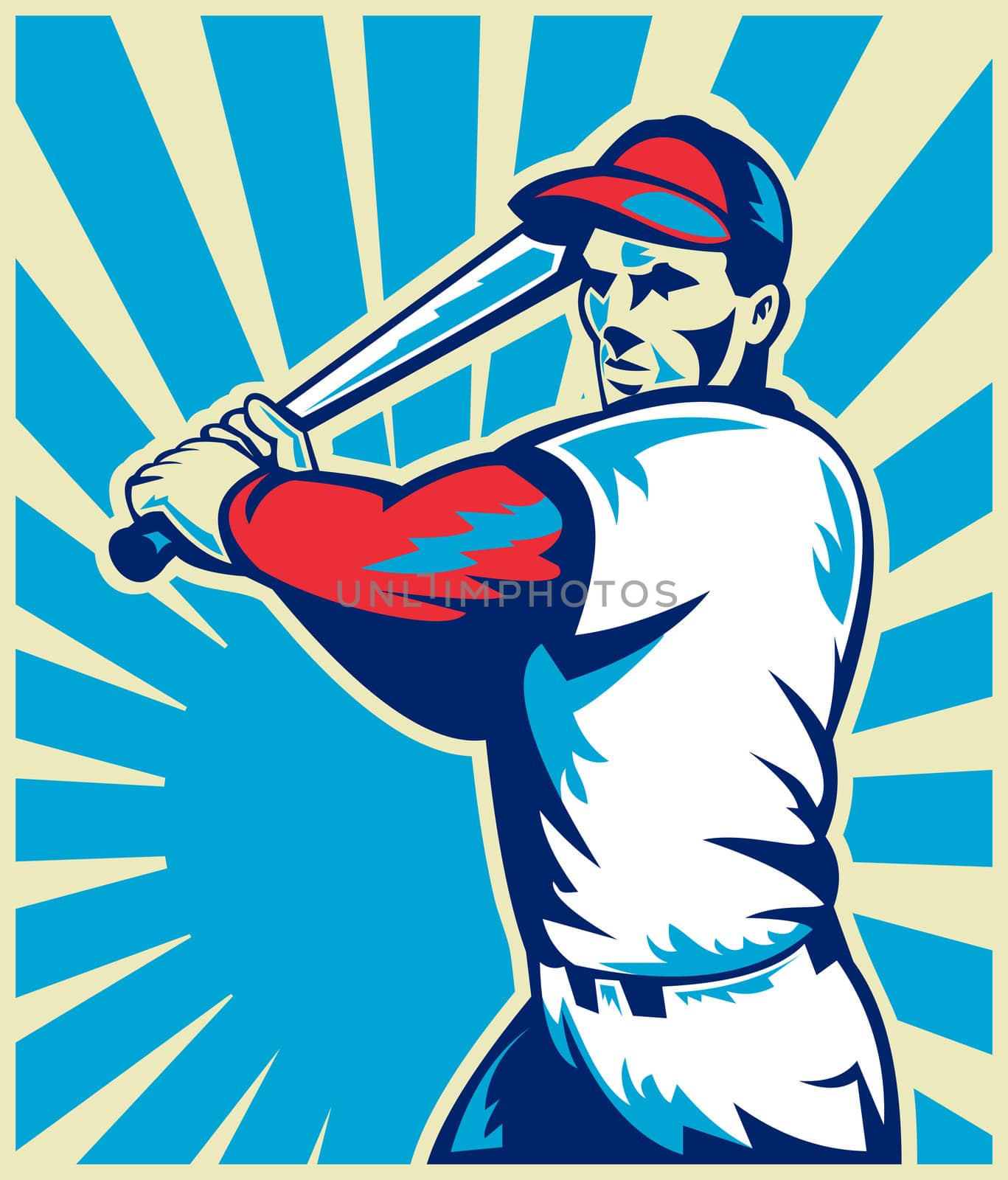 illustration of a Baseball player holding bat with sunburst in background set inside circle done in retro woodcut style.