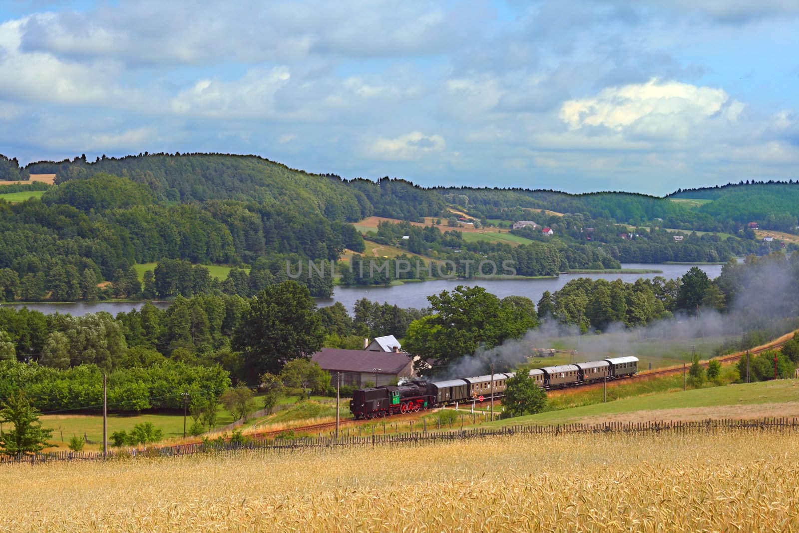 Rural summer landscape with retro train hauled by the steam locomotive running through the lakeside