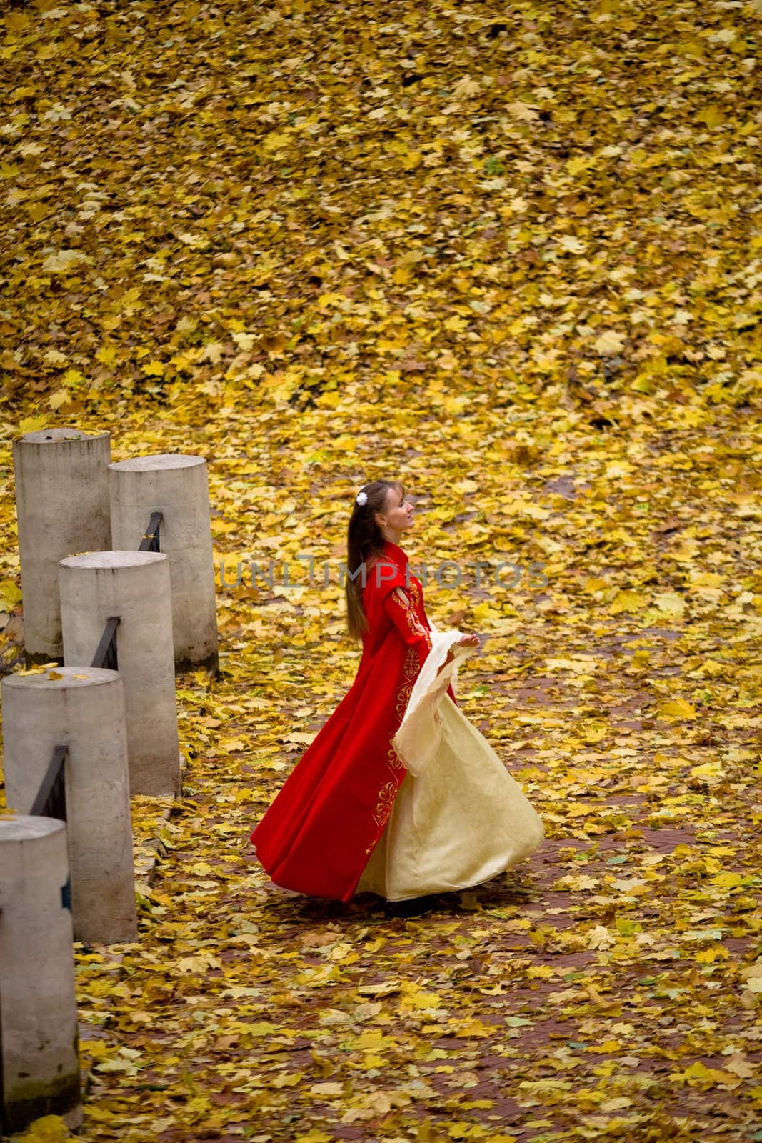 lady in medieval red dress in the autumn forest
