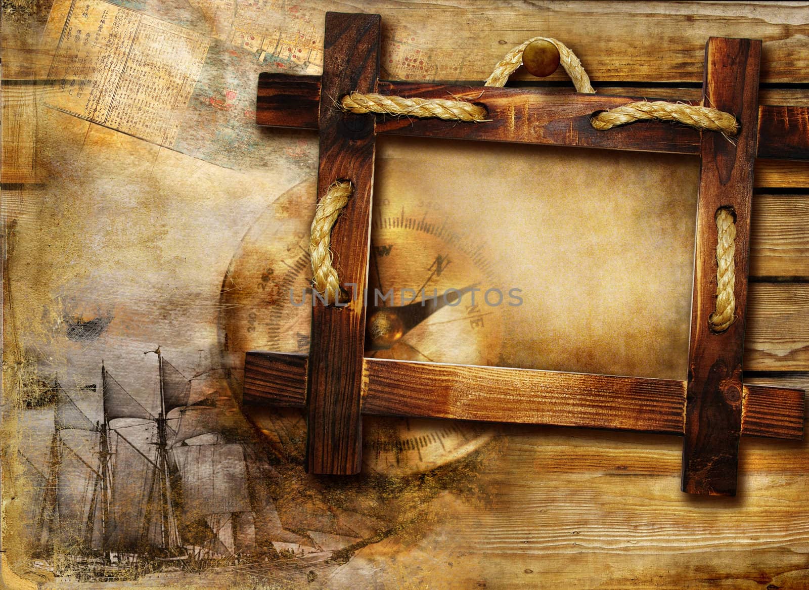 vintage background with empty frame and compass