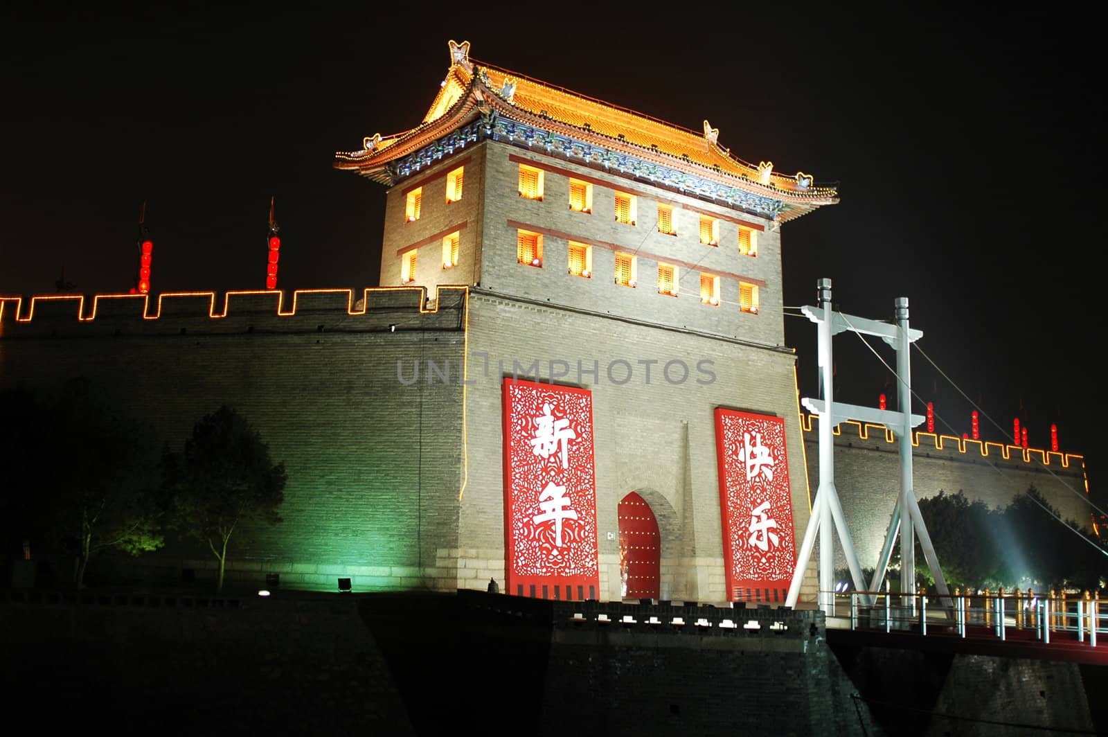 Night scenes of the ancient city wall of Xian China