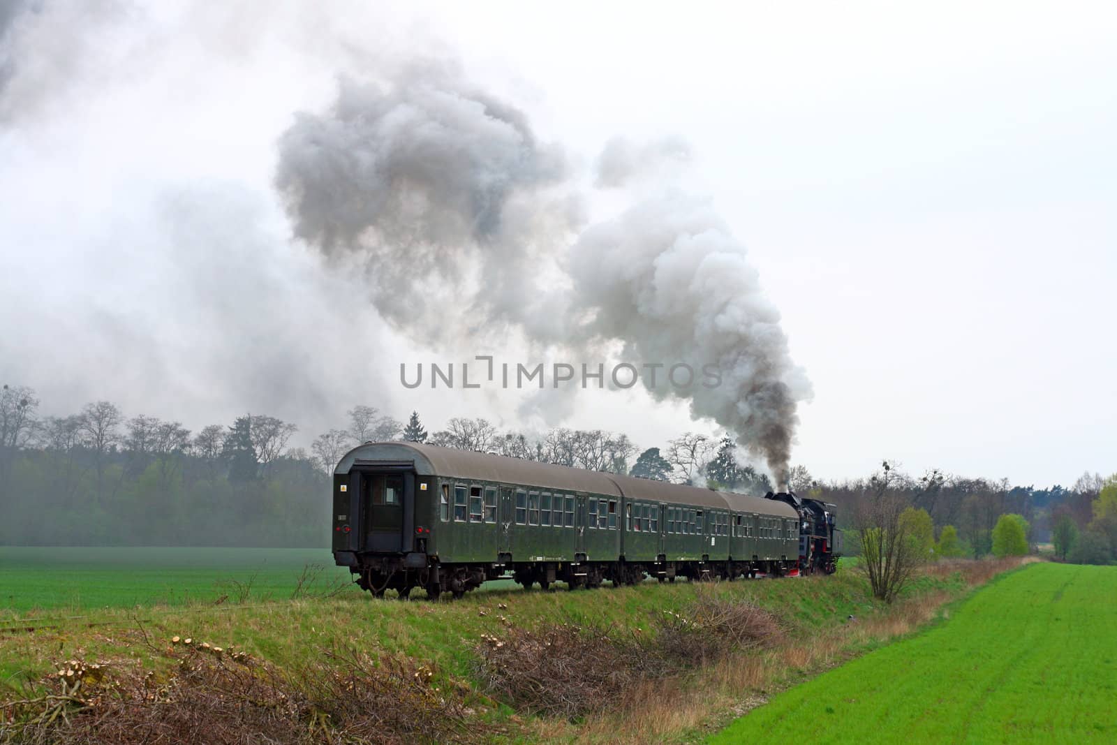 Steam retro train running through the countryside with lot of smoke over the sky