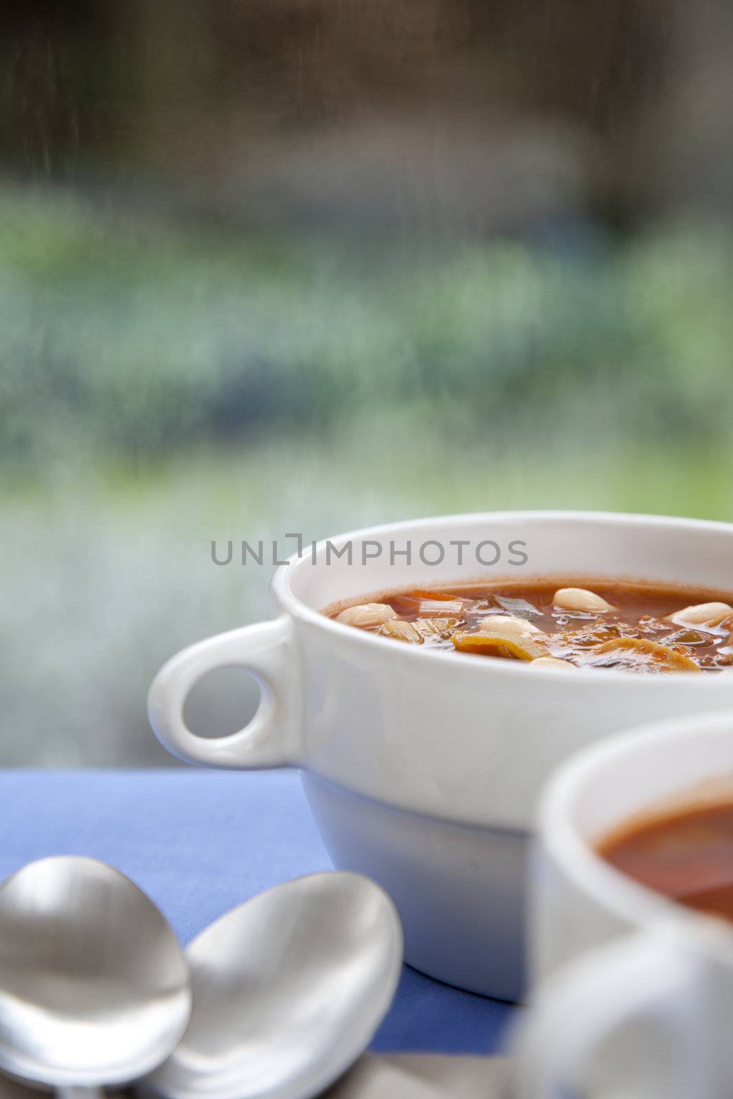 Hearty winter vegetable and white bean soup on a rainy afternoon