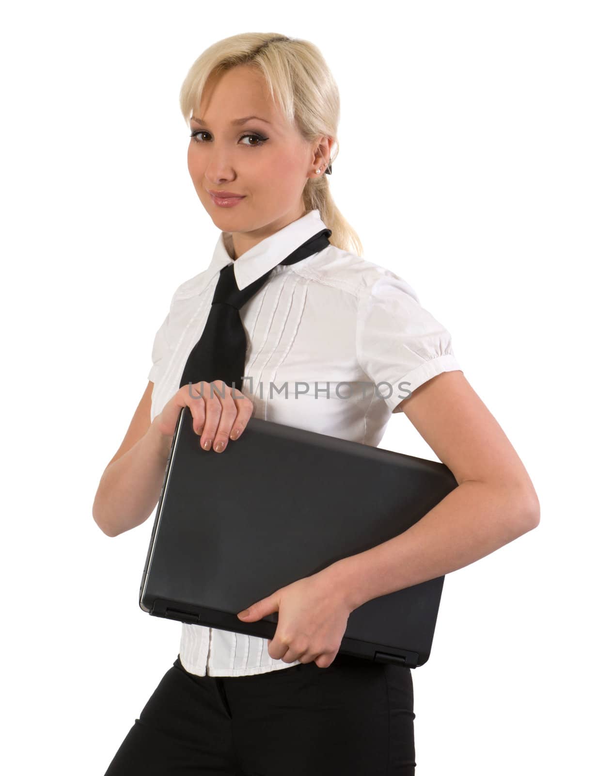 Smiling blond with laptop isolated on a white background.