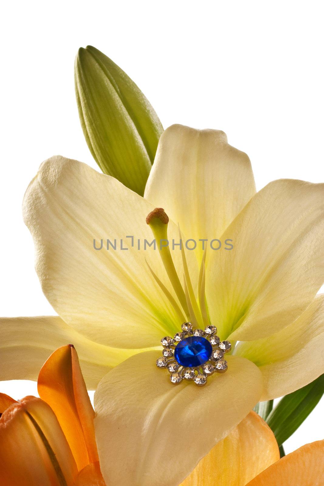 Lilies and a brooch with blue gem by igor_stramyk