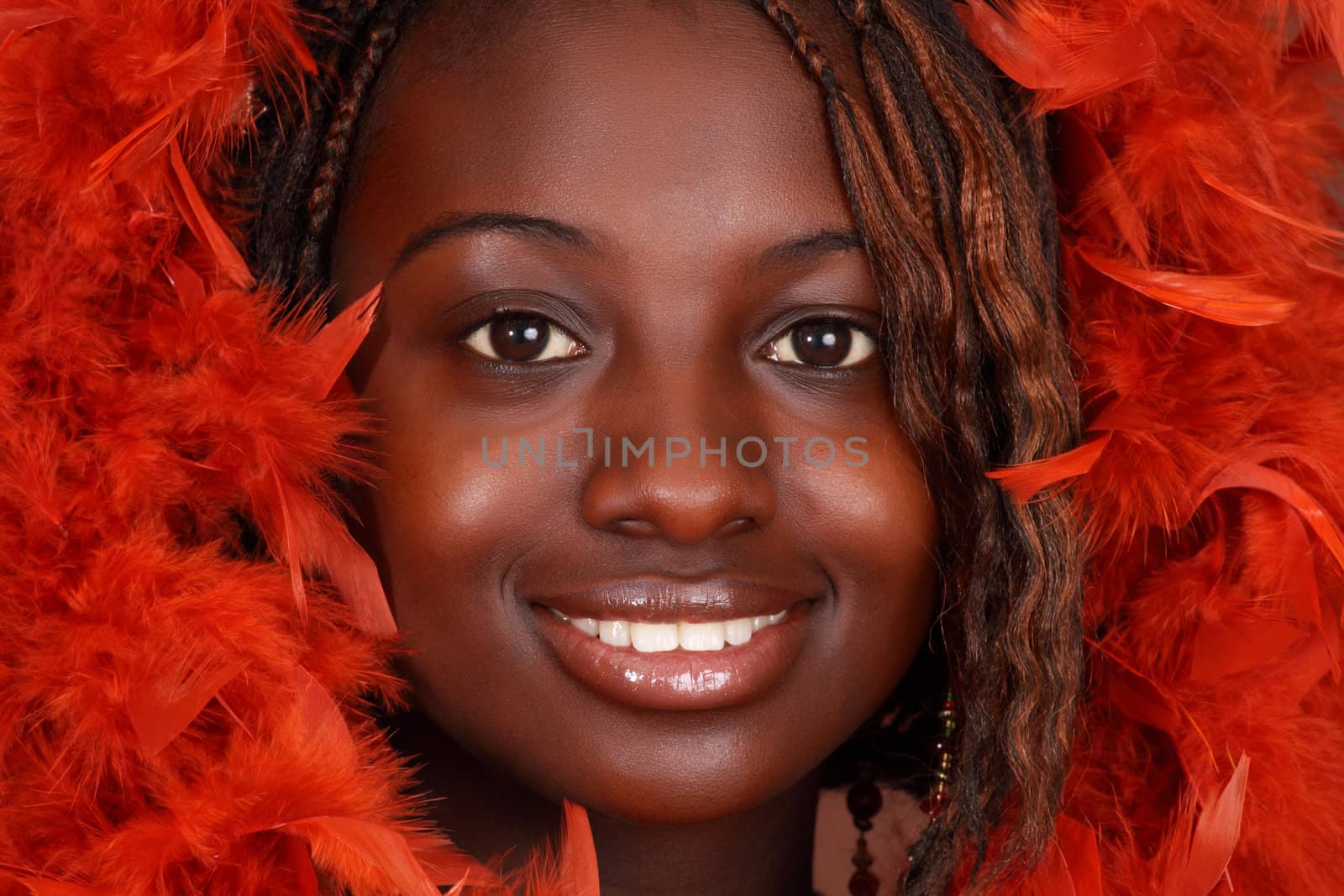 portrait of a beautiful young african woman with feather boa