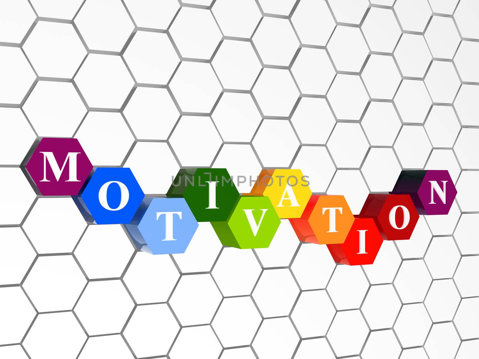 3d colour cubes hexahedrons with white letters - motivation, word, text, in cellular structure