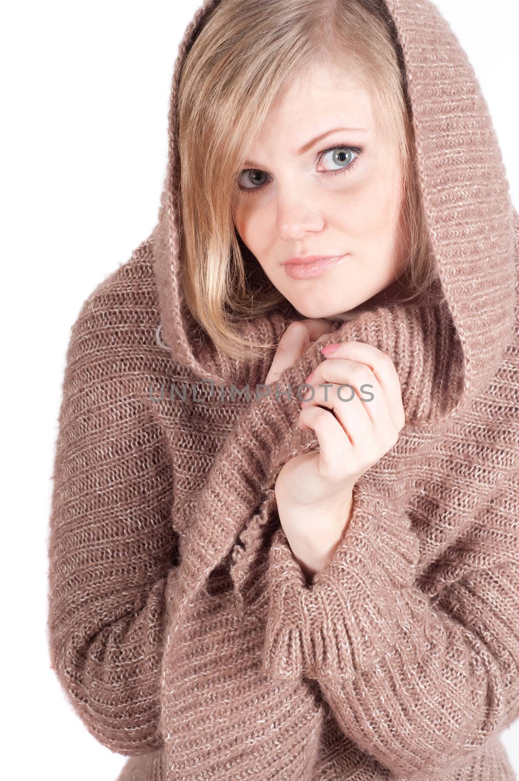 Beautiful woman in cardigan isolated on white