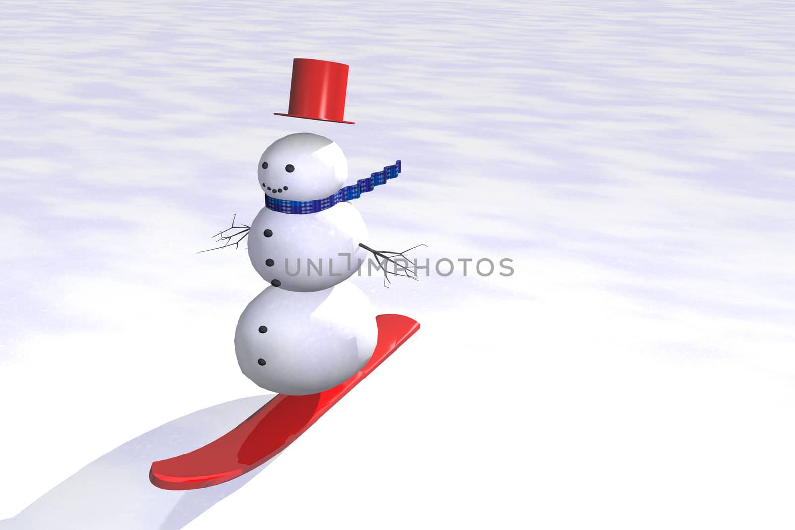 Snowman with top hat rides on snowboard on ice