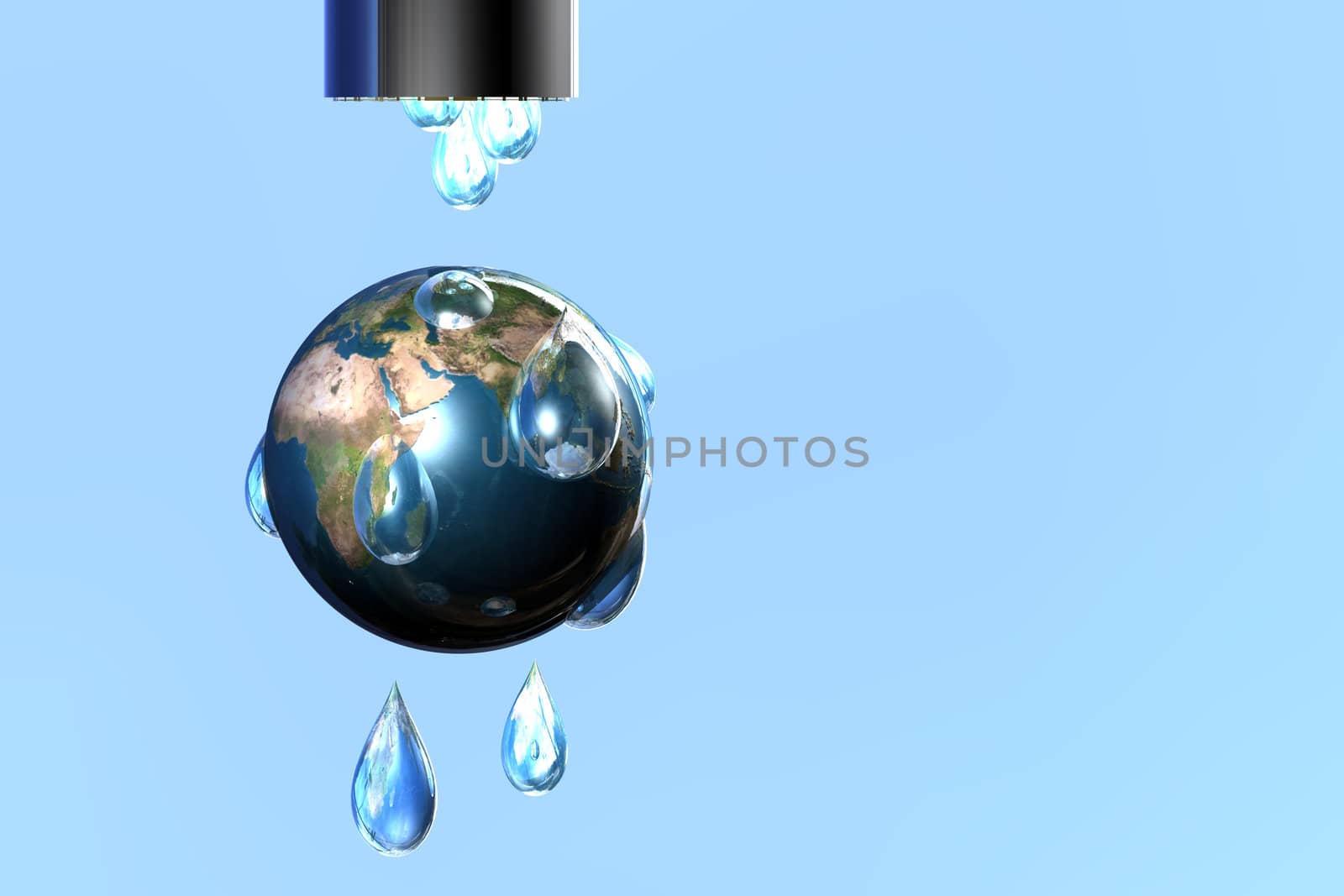 Earth under a spigot with drops of water