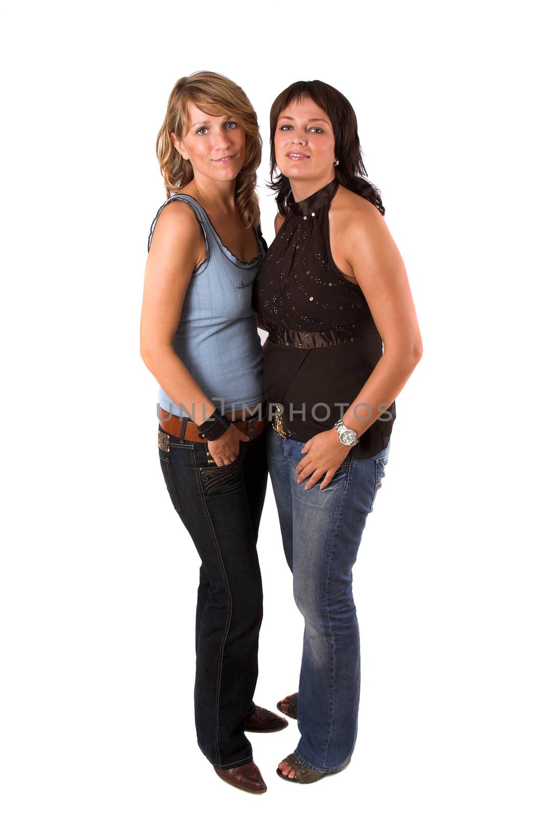 Two sisters on white background full body shot