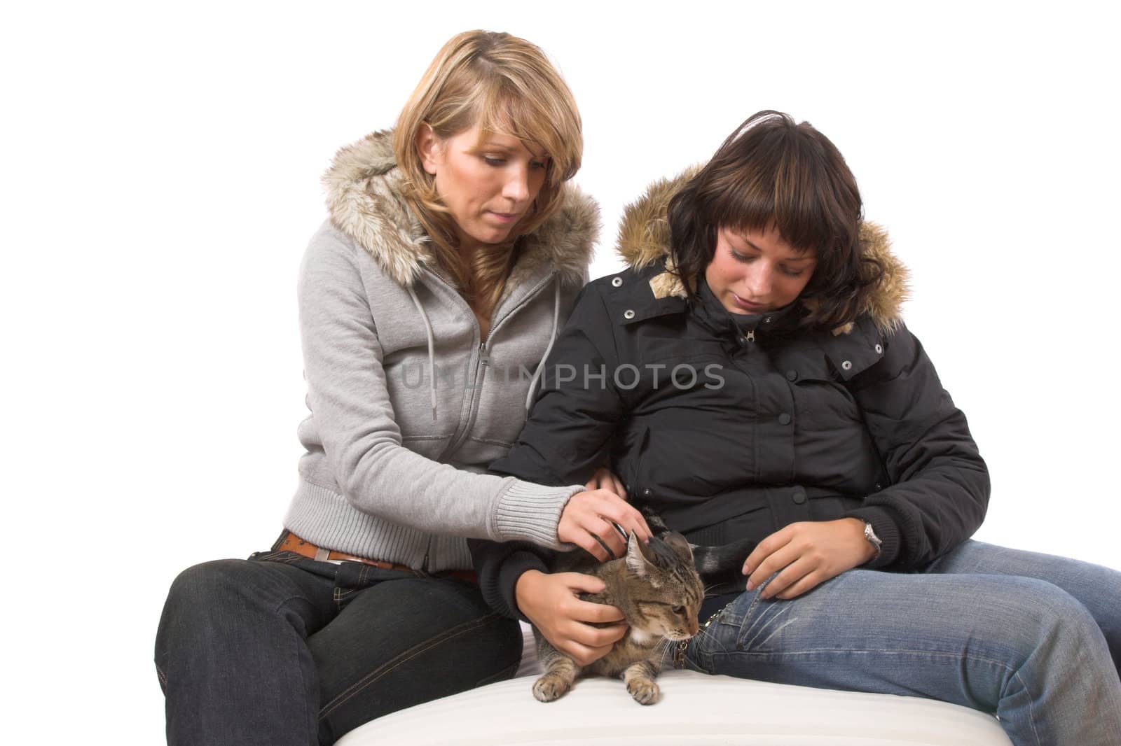 Two girl stroking the cat who looks a bit unwilling 