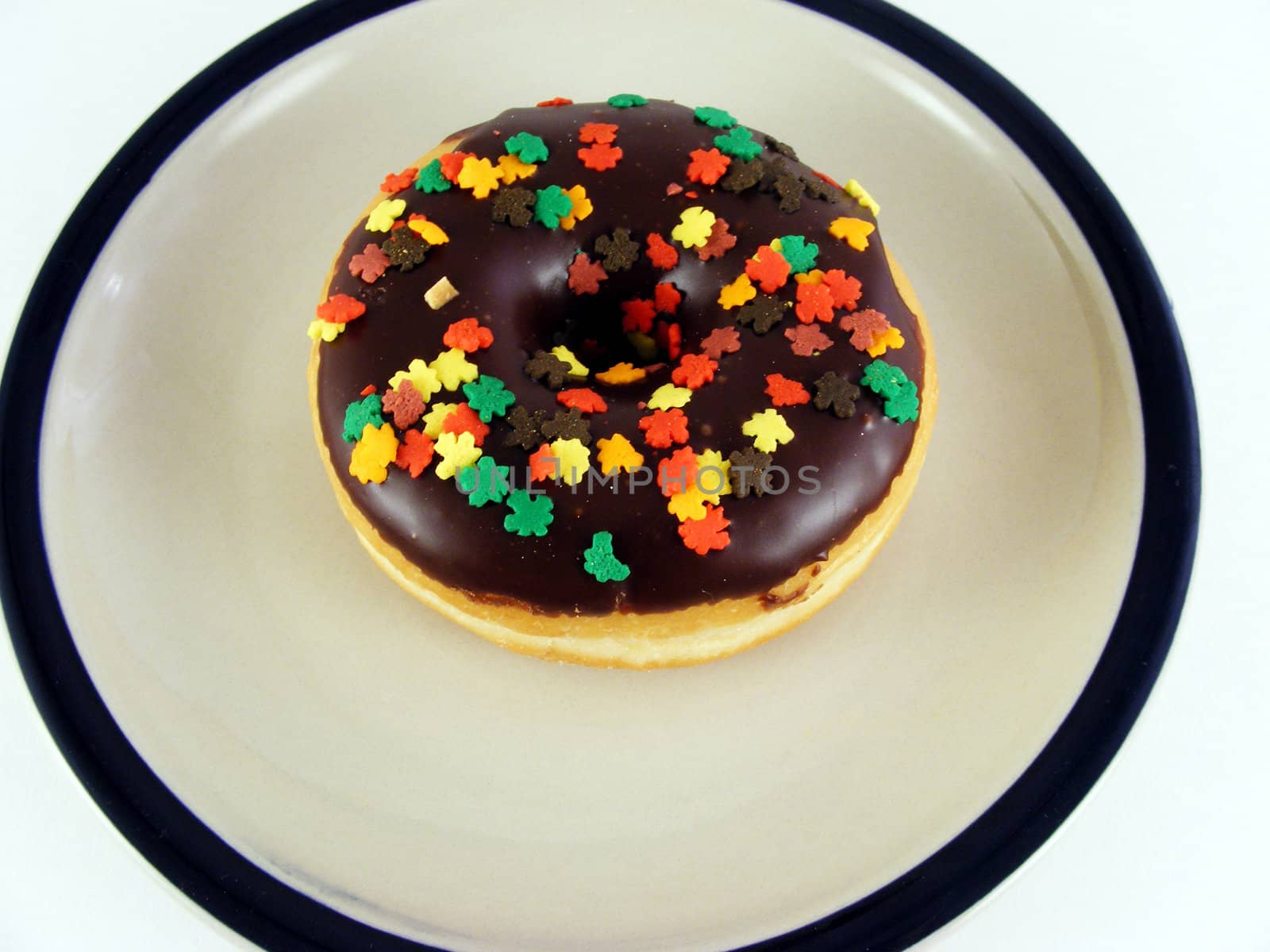 A chocolate iced donut with sprinkles on a plate.