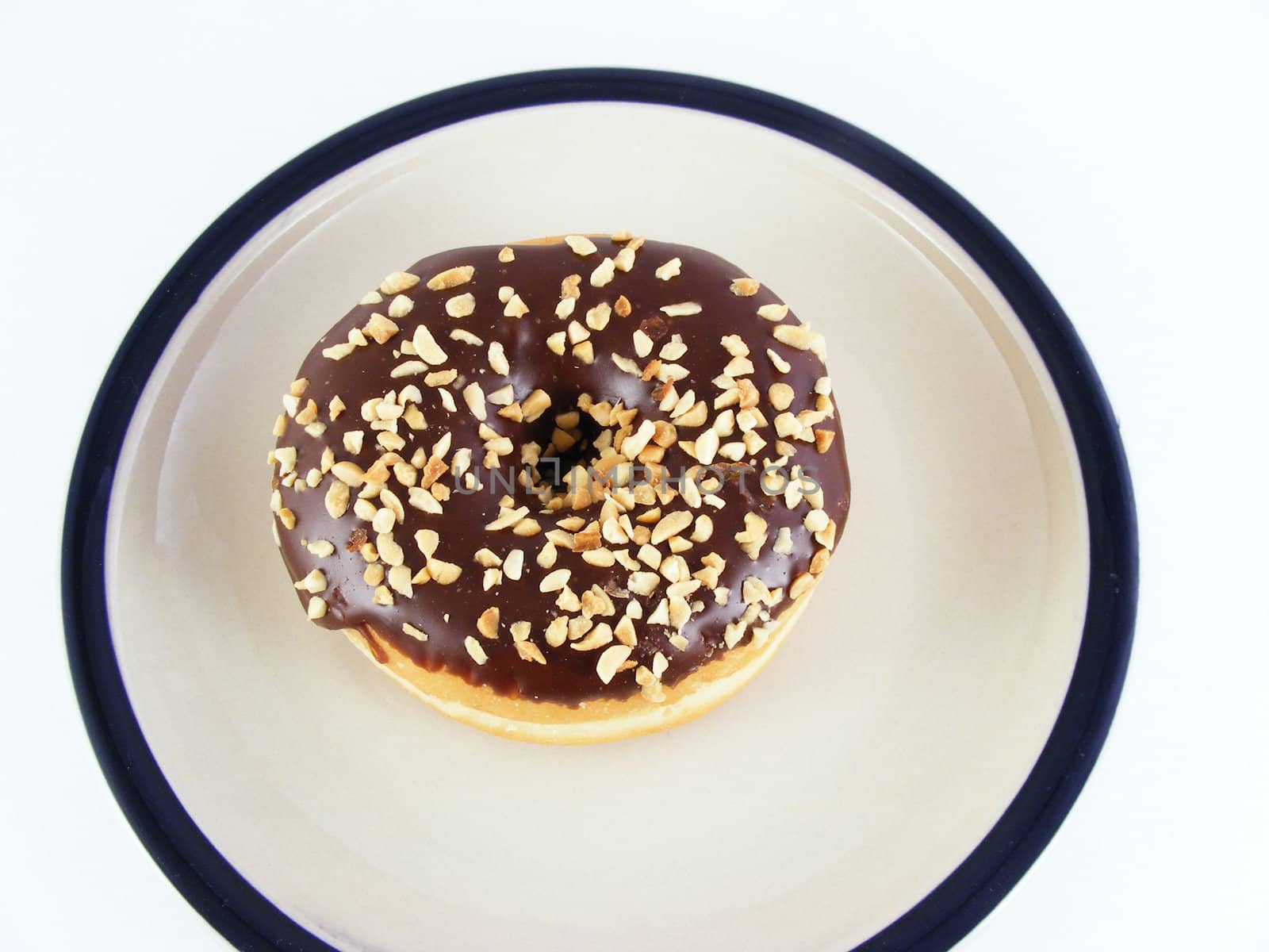 A chocolate iced donut with nuts on a plate against a white background.